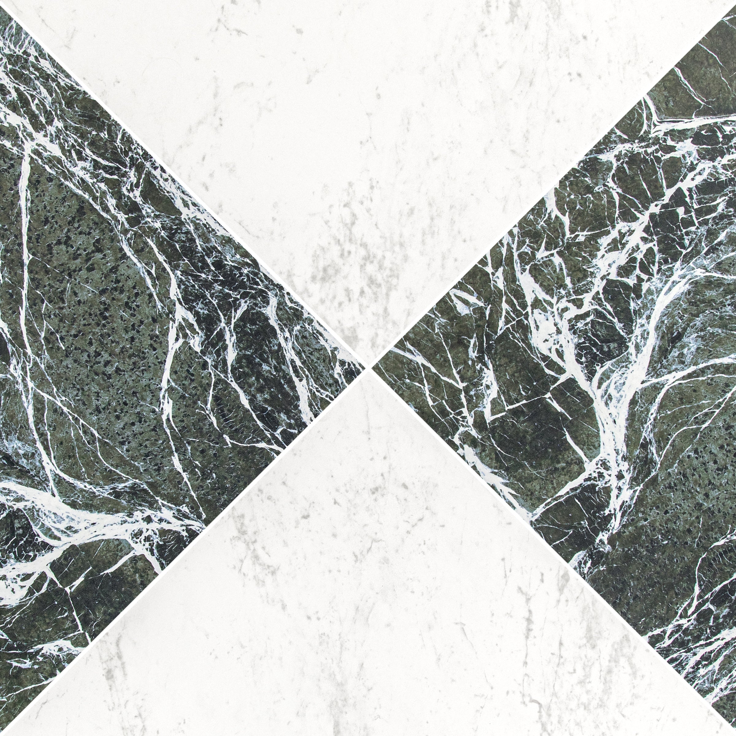 Square porcelain tiles with a marble effect in a diamond pattern alternating dark green and white tones
