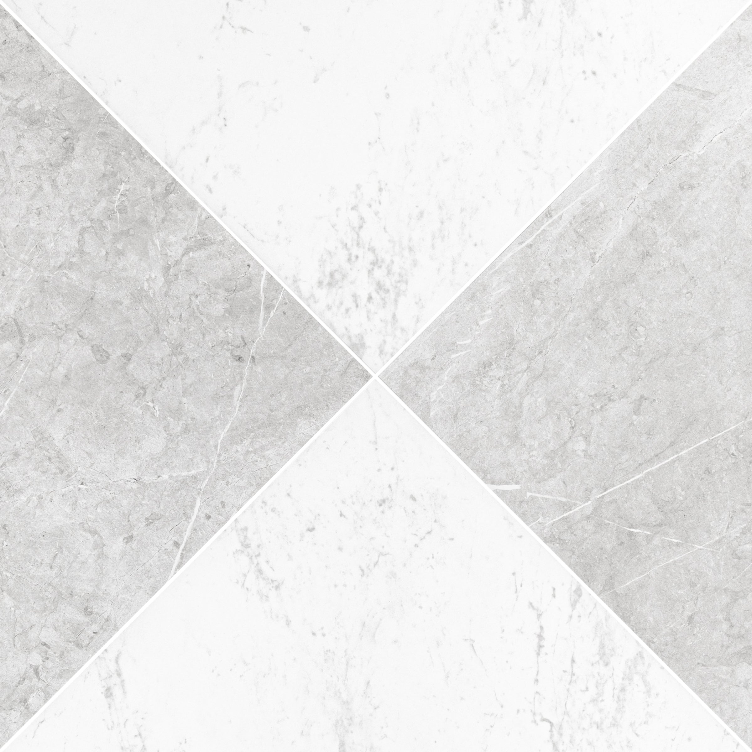Diamond-shaped pattern of large porcelain tiles with alternating light and medium gray stone textures and subtle veining