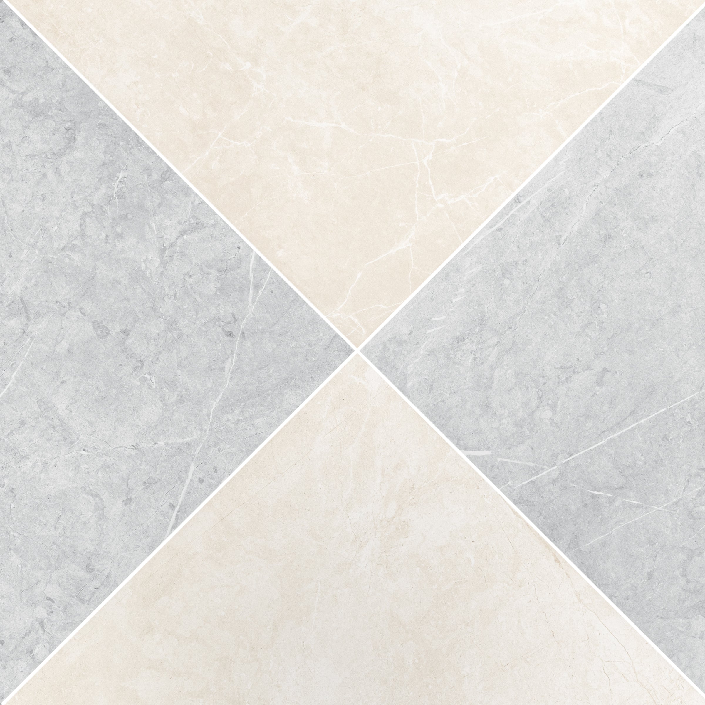 Four large square ceramic tiles in soft cream and light gray tones with subtle marble vein details arranged diagonally