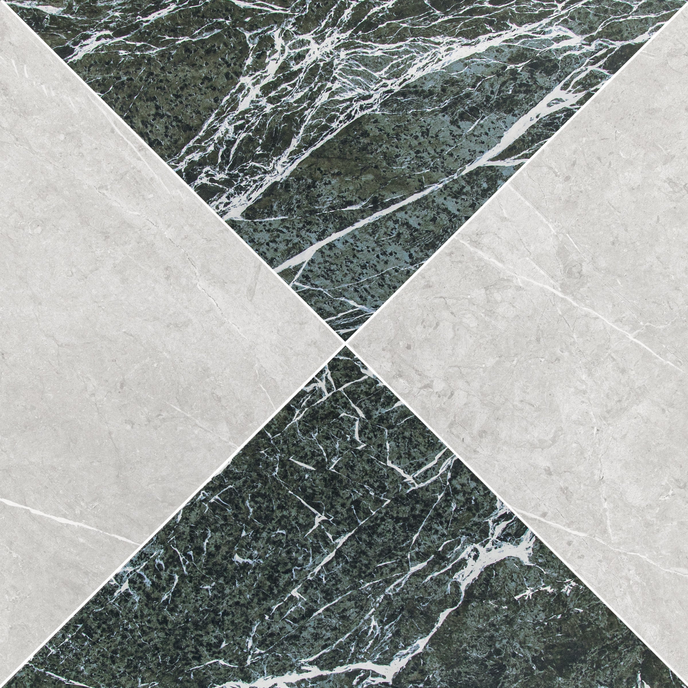 Close-up of large format tiles combining dark green marble with white veining and smooth light gray stone-look surfaces in a geometric pattern