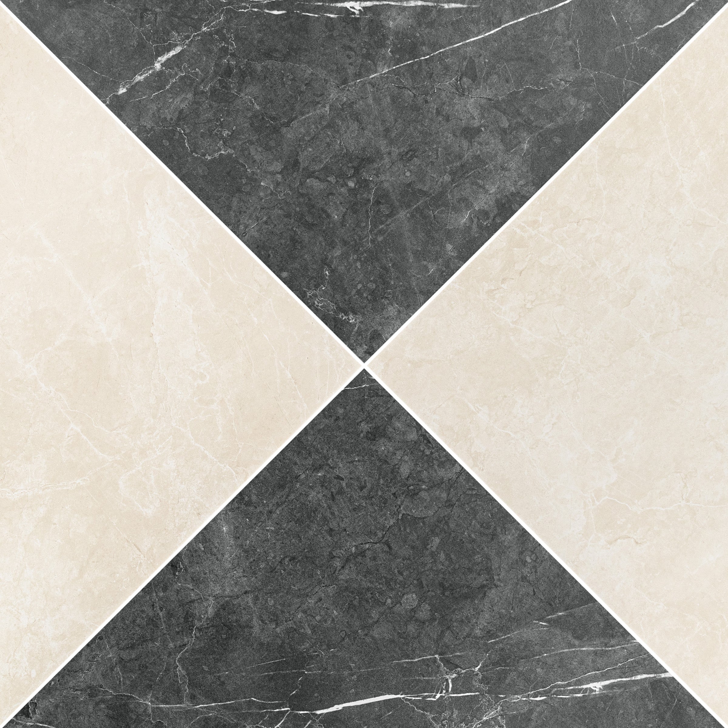 Diagonal pattern of large rectangular tiles in light beige and dark charcoal tones with subtle veining details