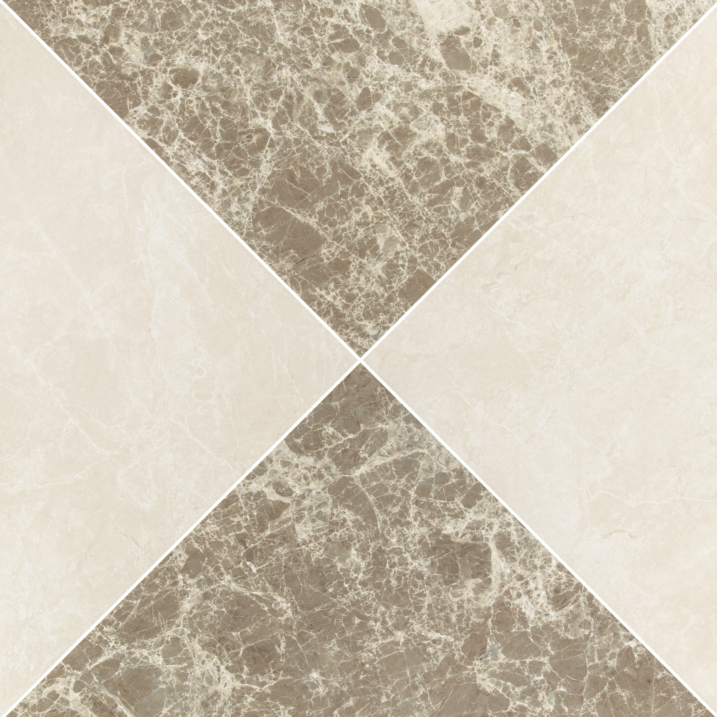 Four large square tiles arranged diagonally with contrasting light cream and brown marble-like ceramic textures