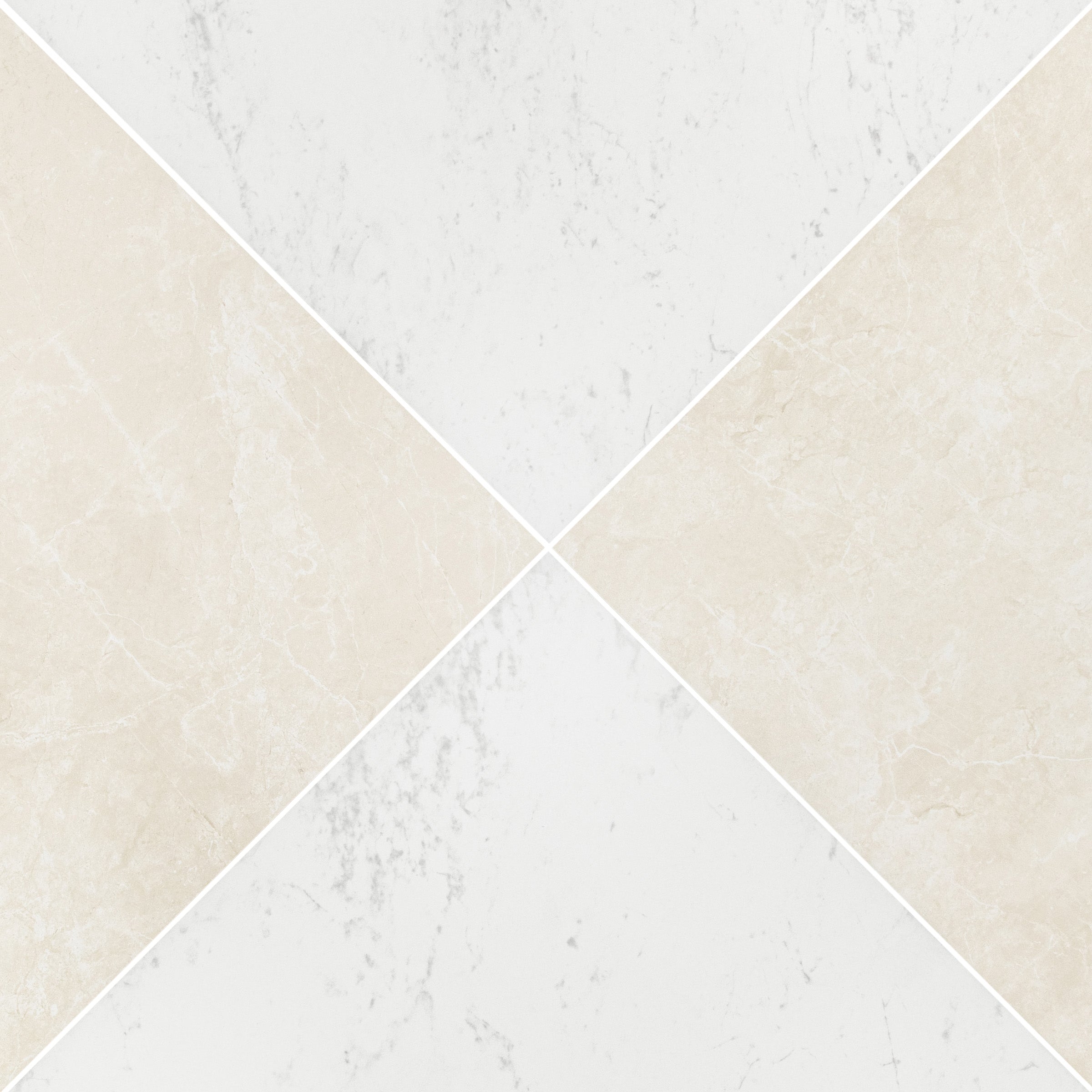 Diamond mosaic pattern of large tiles in soft white and creamy beige with subtle marble-inspired veining textures