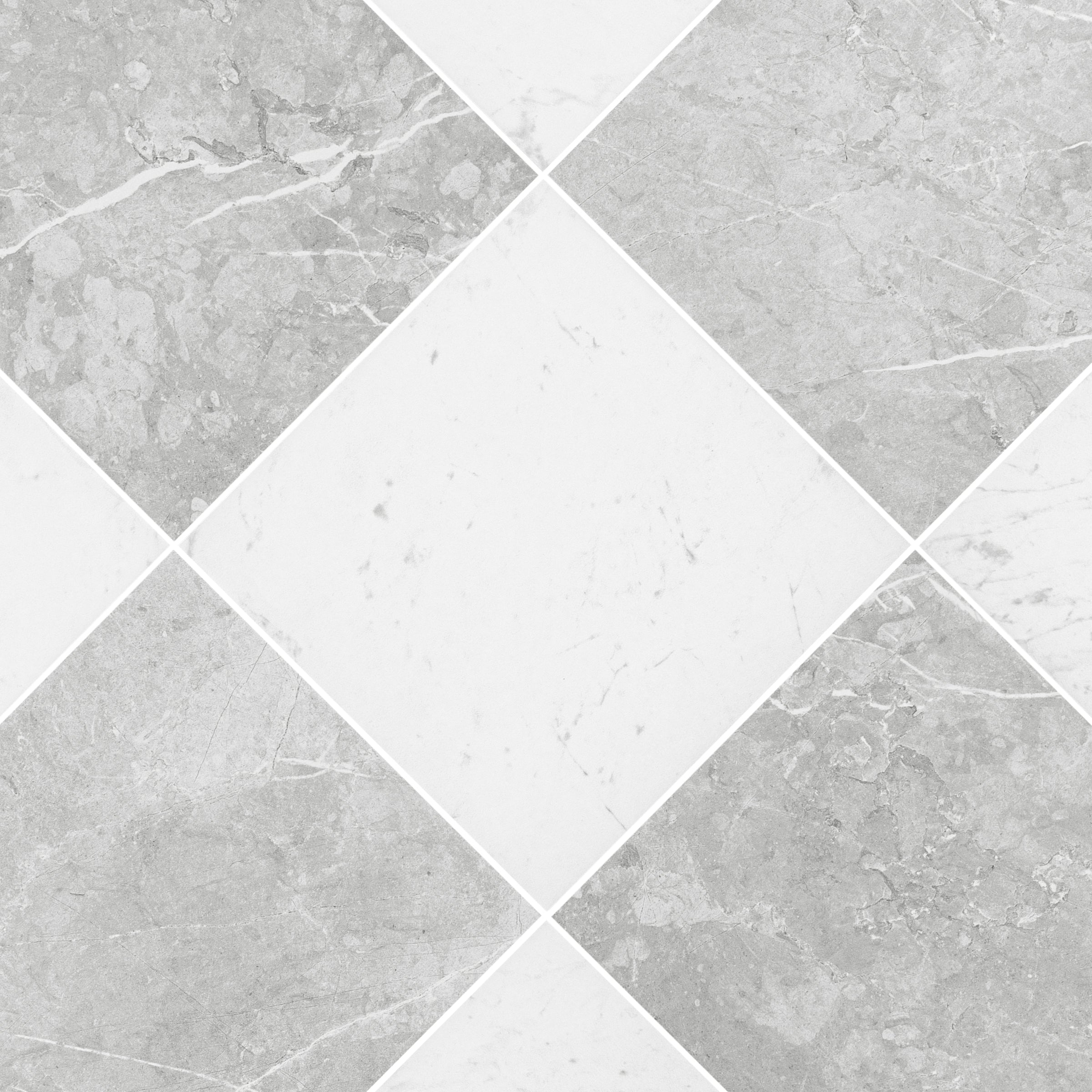 Close-up of large format tiles arranged in a diamond pattern with a mix of light and medium gray porcelain finishes