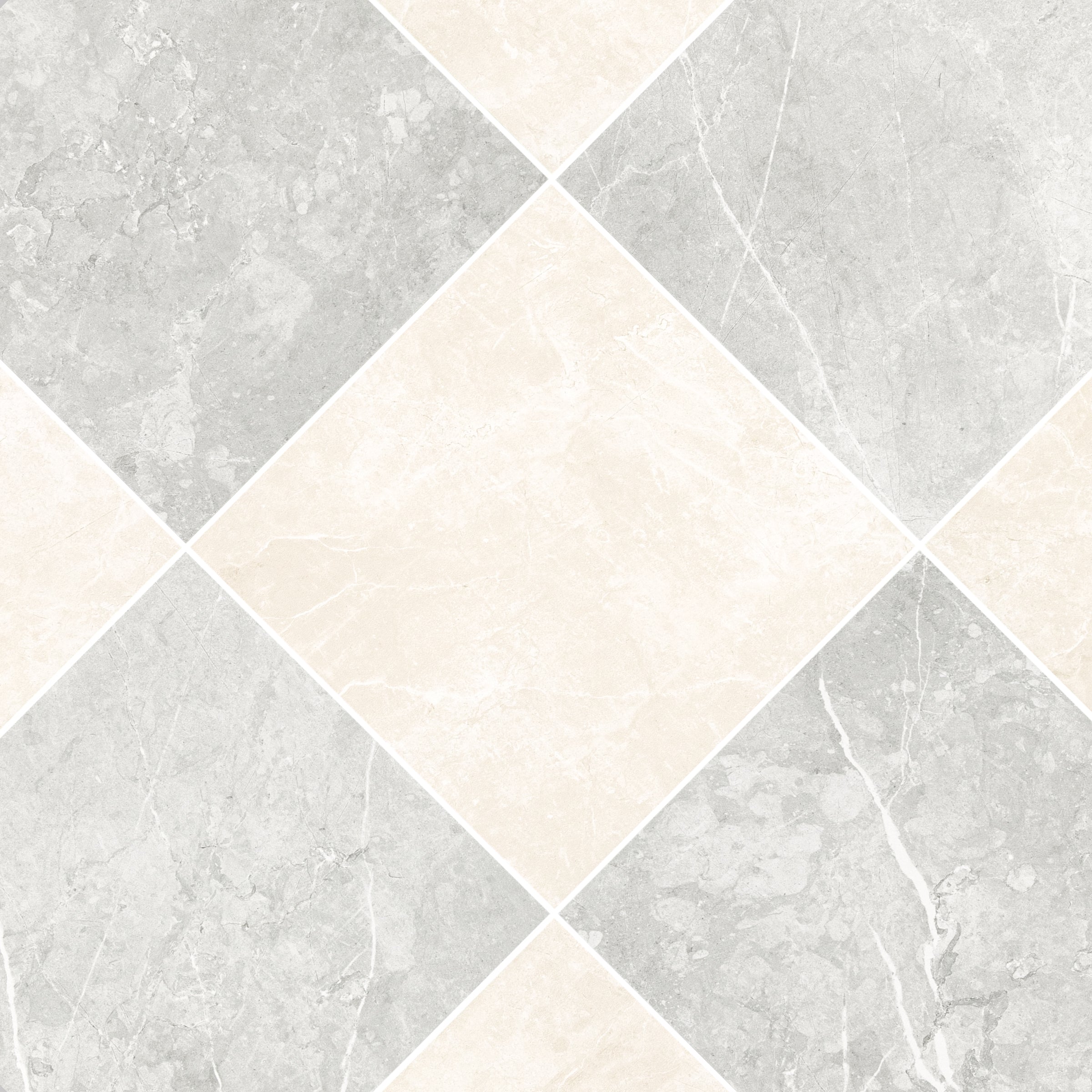 Diamond pattern of ceramic tiles in soft beige and cool gray with delicate marble-inspired veining details