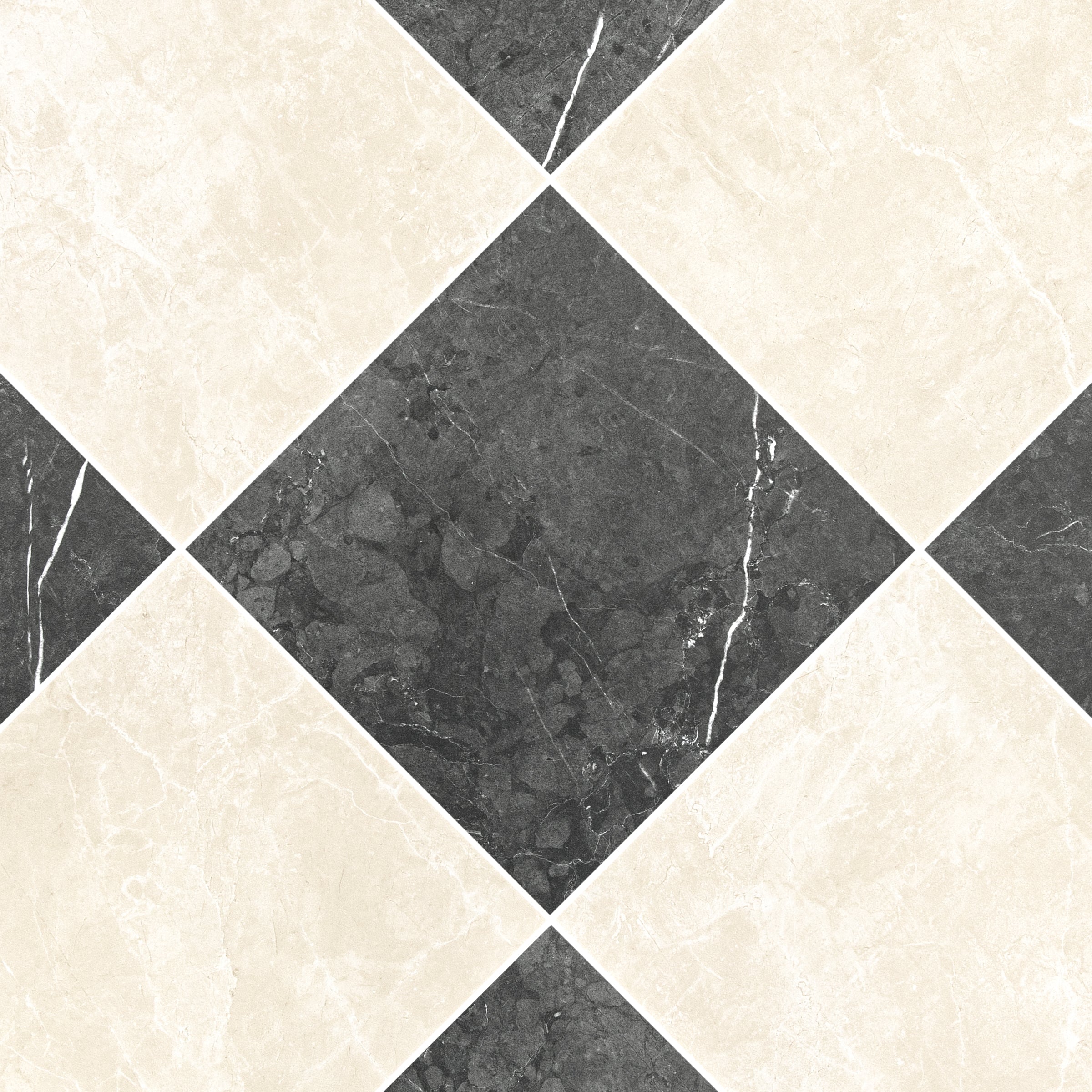 Checkerboard pattern of large square ceramic tiles in cream and dark gray with marble-like veining details