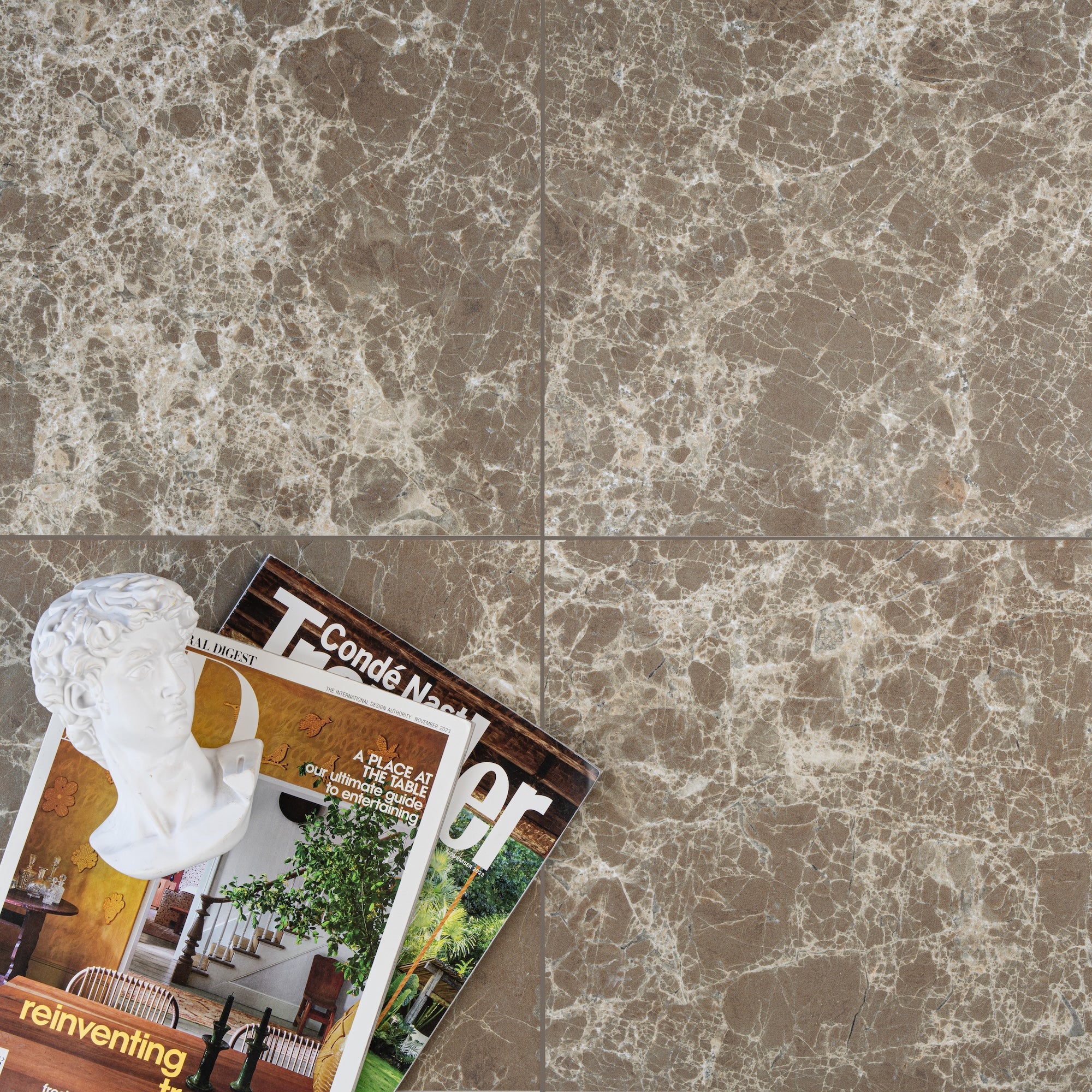 Glossy brown porcelain tiles with intricate white veining next to art books and a classical bust sculpture