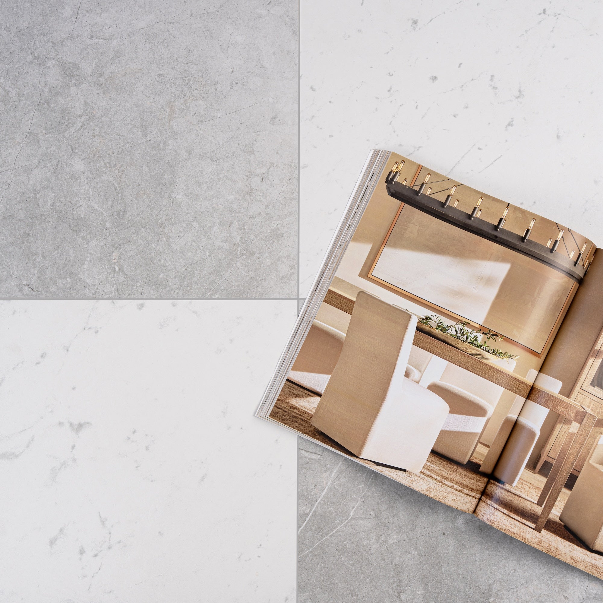 Open magazine showing modern dining space on light and grey large format porcelain tile flooring with subtle veining