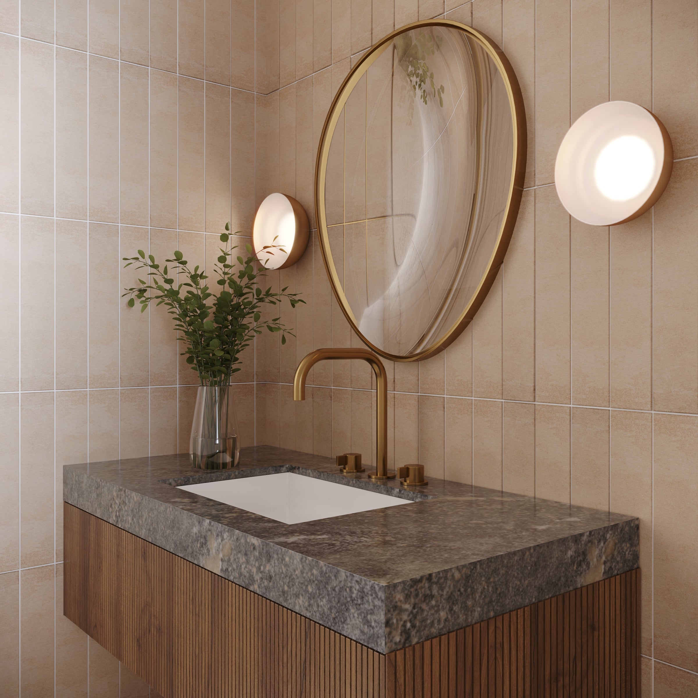 Dune Matte Porcelain Tile in beige tone on bathroom walls with modern vanity, round mirror, and brass fixtures from Claytone Porcelain Tile collection