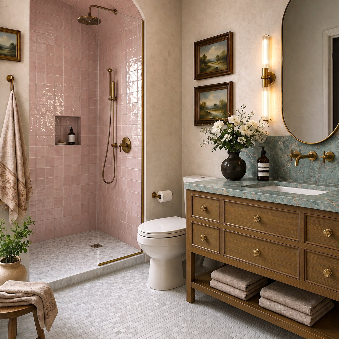 Bathroom with pink tiled shower mosaic floor wood vanity oval mirror and brass fixtures