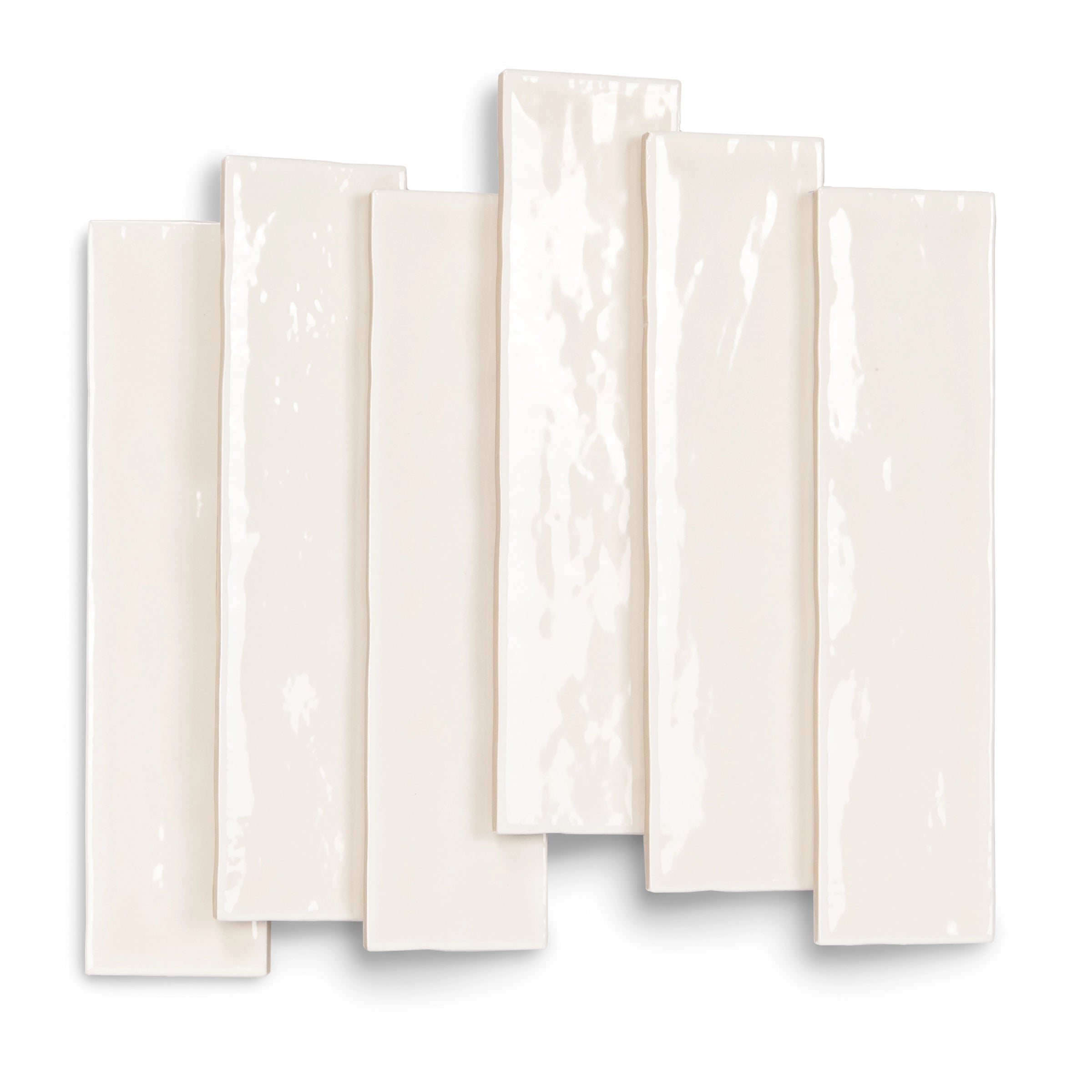 Glossy ceramic tiles in creamy off-white with subtle texture and uneven edges shown overlapping on white background