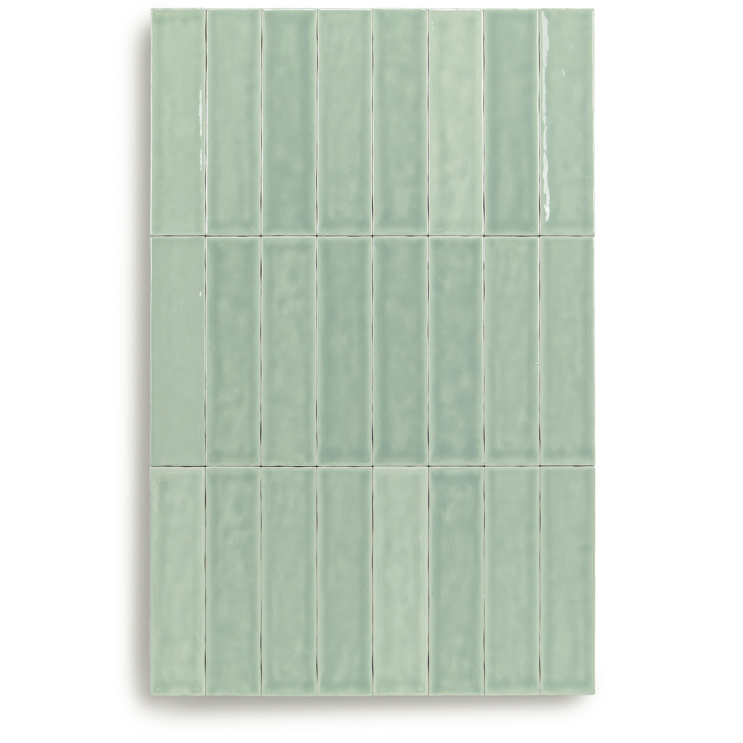 Claywork Glossy Ceramic Tile in pale green with a glossy handcrafted glaze and slender rectangular wall tile format