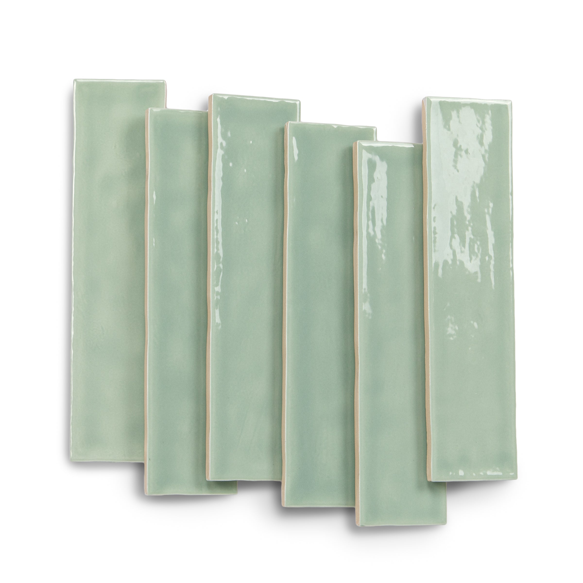 Pale green glossy rectangular tiles arranged in an overlapping vertical display