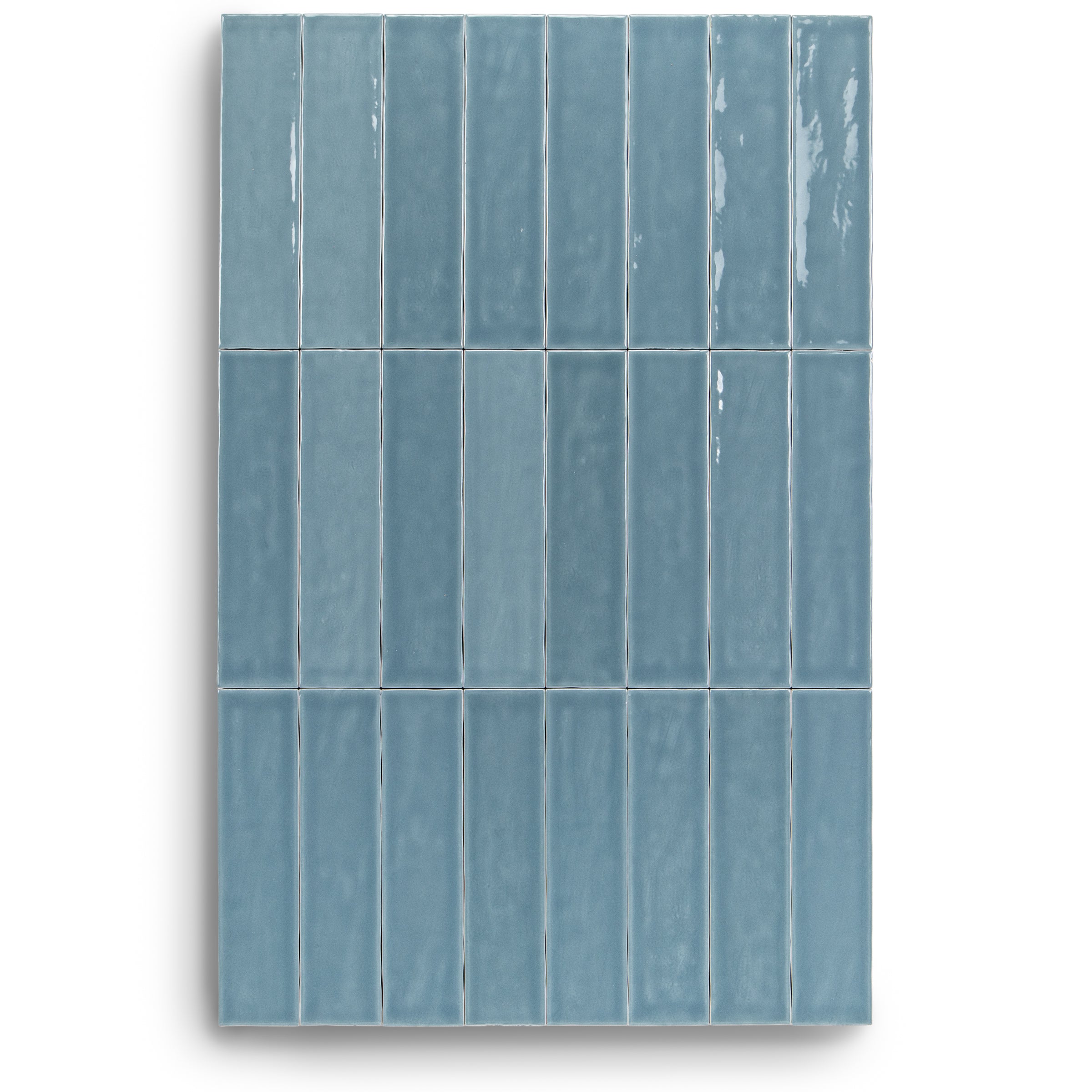 Claywork Glossy Ceramic Tile in blue with a handcrafted glossy glaze and narrow rectangular format