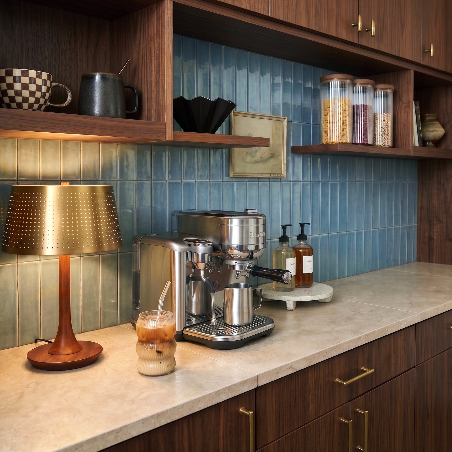 Modern kitchen coffee station with blue tile backsplash, wood cabinetry, countertop lamp, and espresso machine
