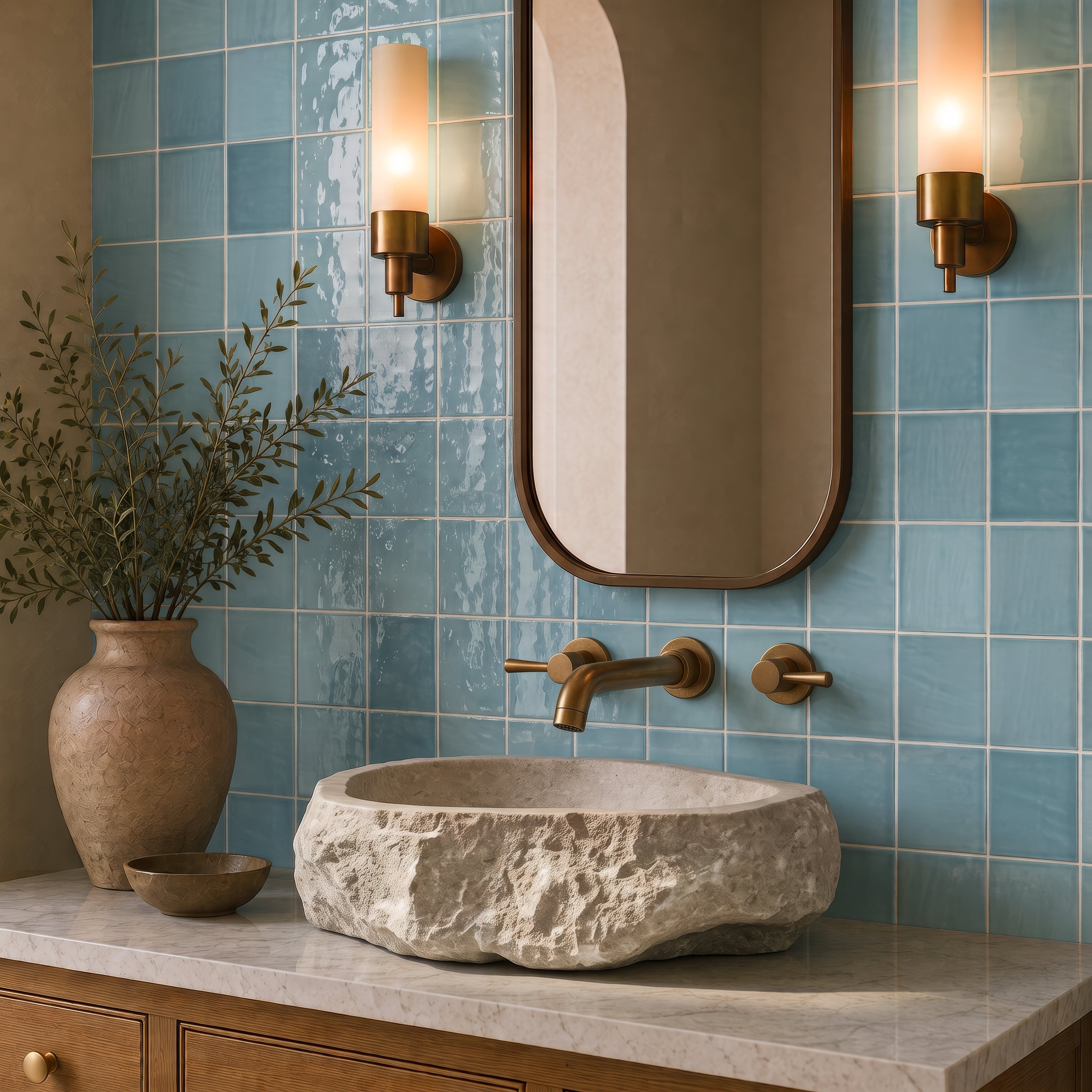 Blue tiled bathroom with a textured stone vessel sink, rounded mirror, wall sconces, and a leafy vase on the counter