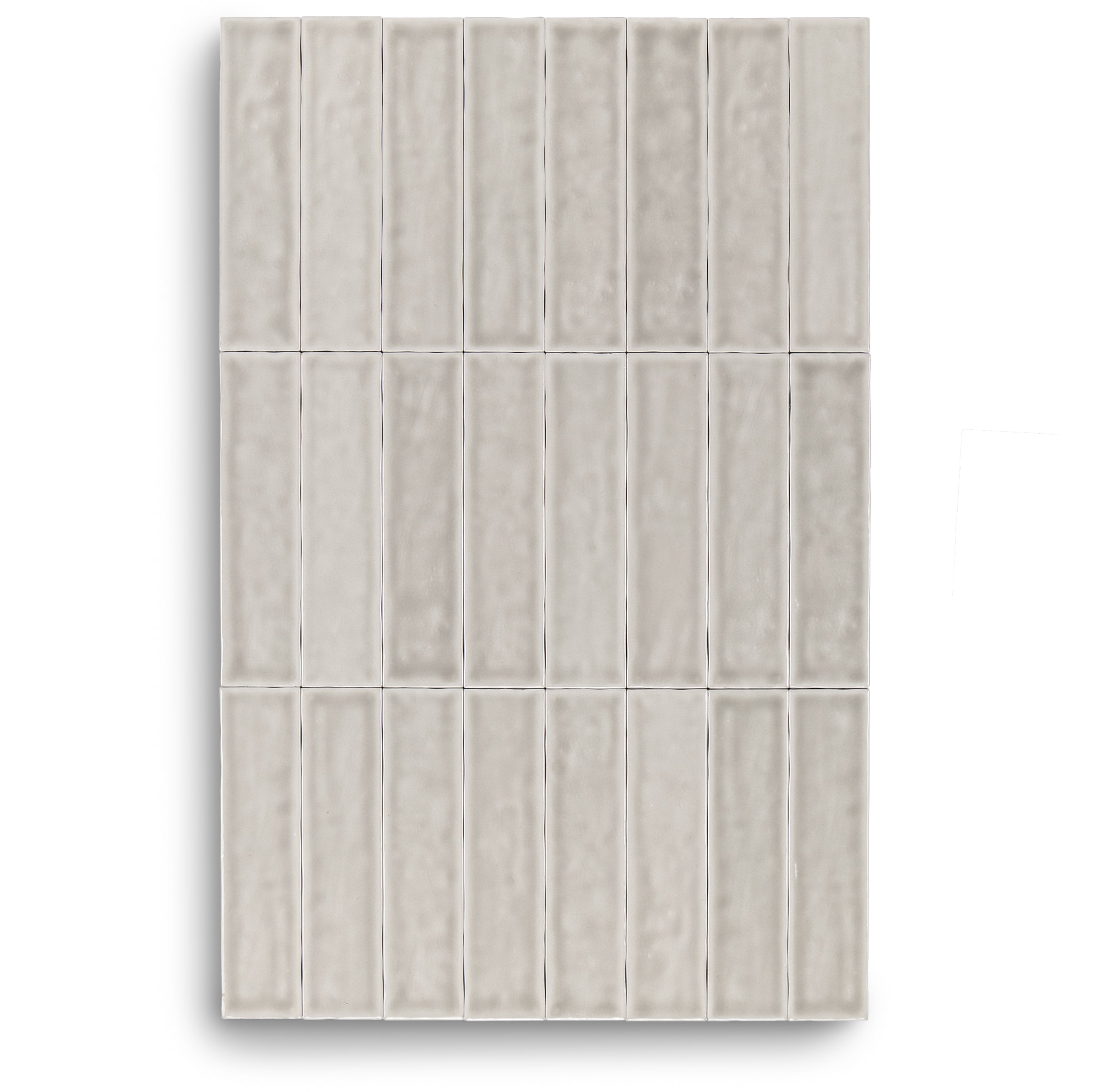 Claywork Glossy Ceramic Tile in soft gray with a handcrafted glossy finish
