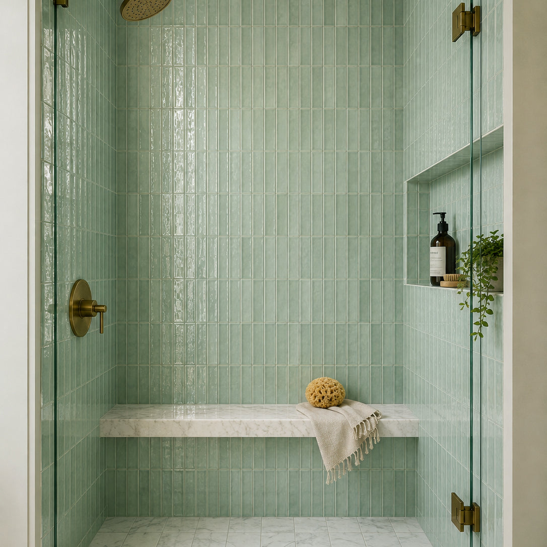 Mint green tiled shower with marble bench, brass fixtures, recessed shelf, and hanging towel