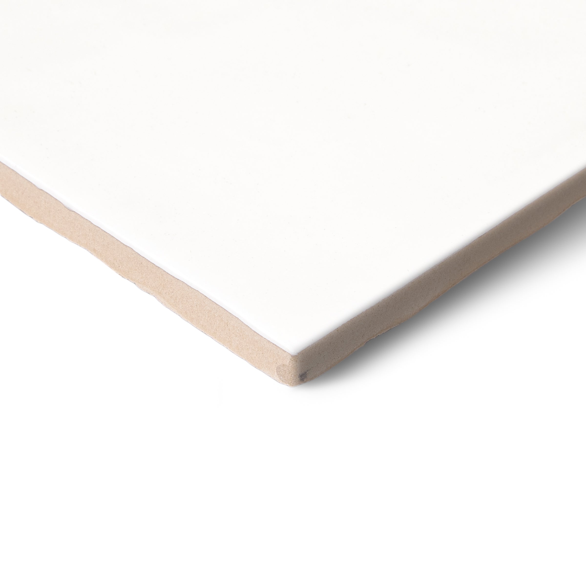 Close up of a white square tile with a beige edge