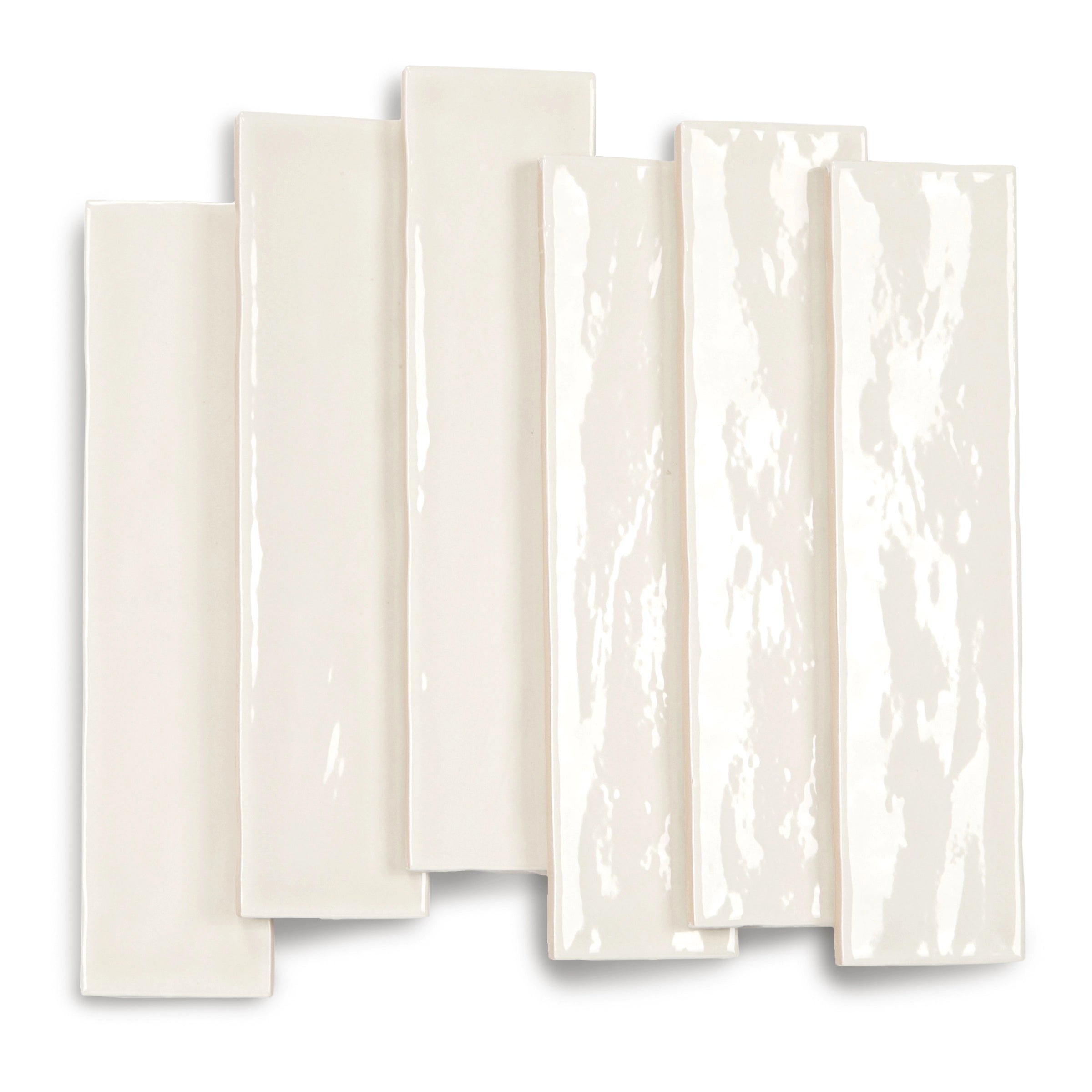 Glossy off-white ceramic tiles with subtle texture and irregular edges, arranged overlapping on a white background