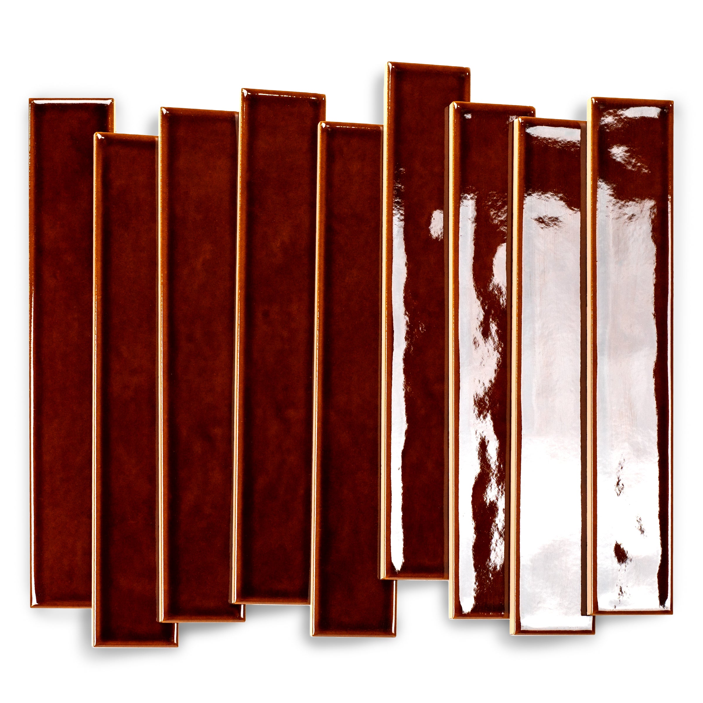 Glossy narrow ceramic tiles in deep cocoa brown with reflective surfaces arranged in a staggered pattern on white background