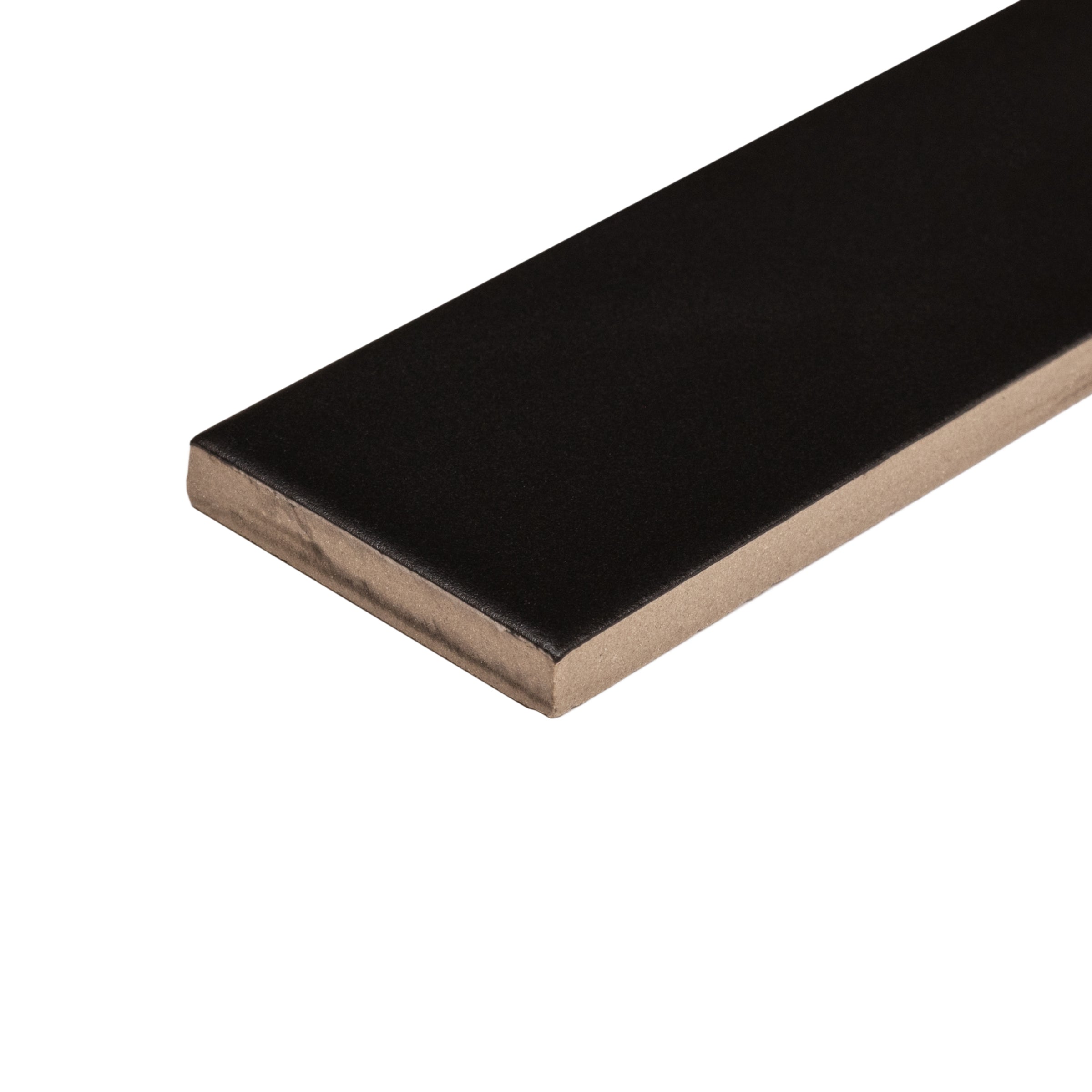 Matte black porcelain tile with smooth surface and sharp edges shown against a white background