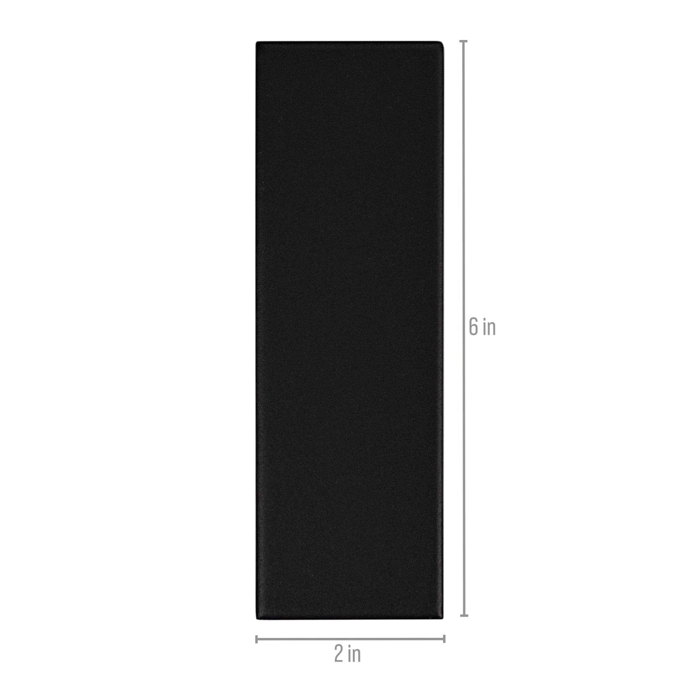 Matte black porcelain tile with smooth surface and sharp edges shown with size annotations on white background