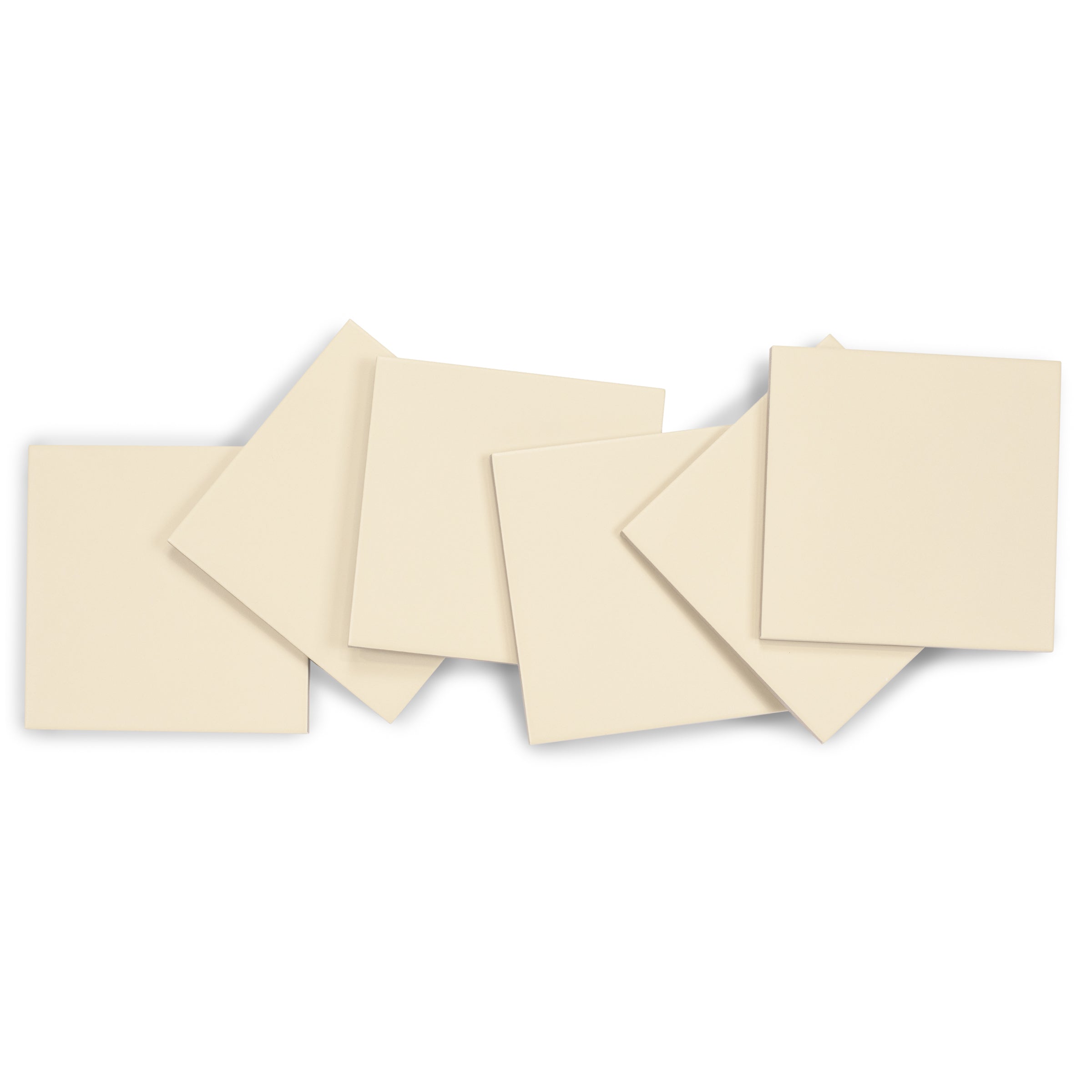 Seven off-white square ceramic tiles arranged overlapping on a white background