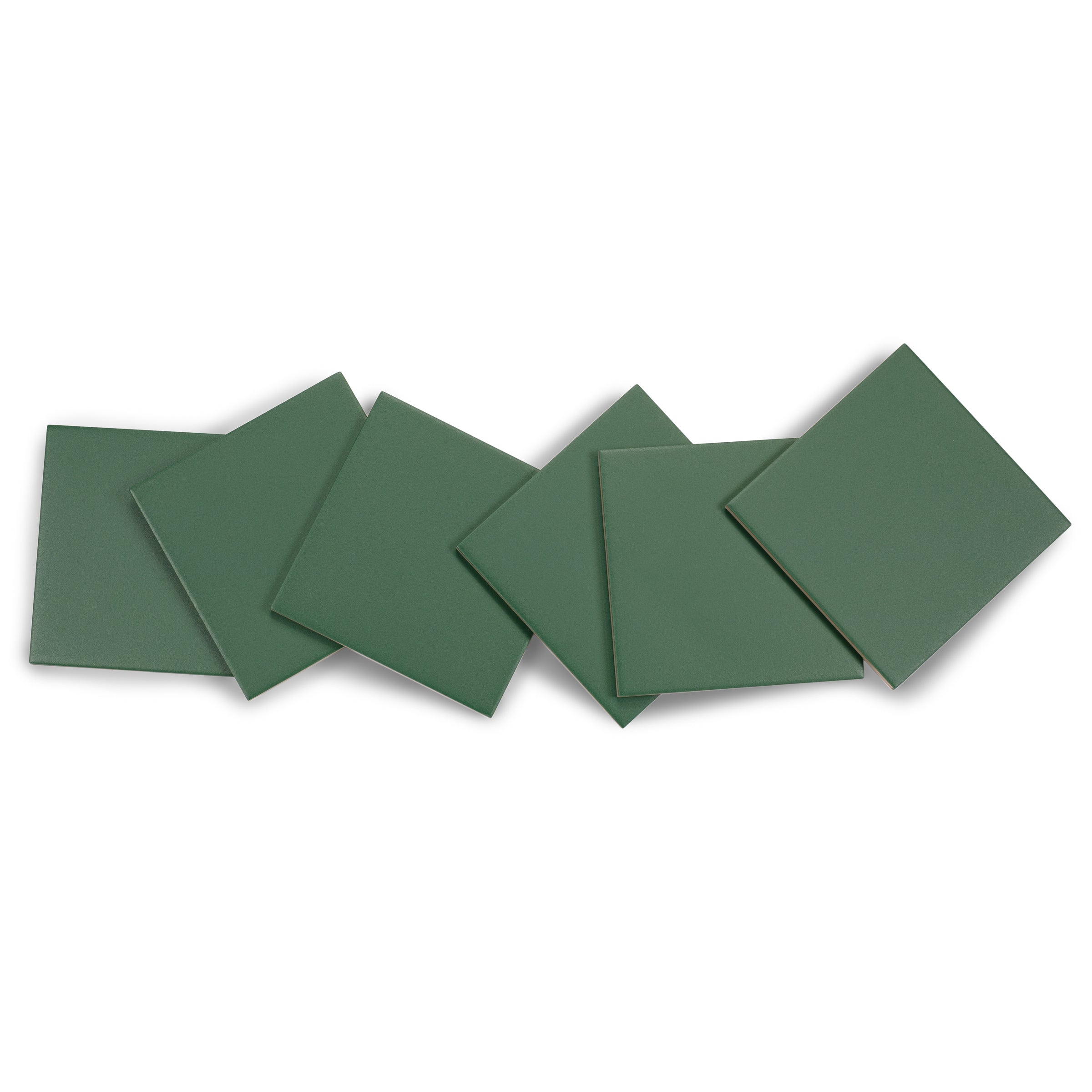 Six dark green square ceramic tiles arranged in a staggered pattern on a white background