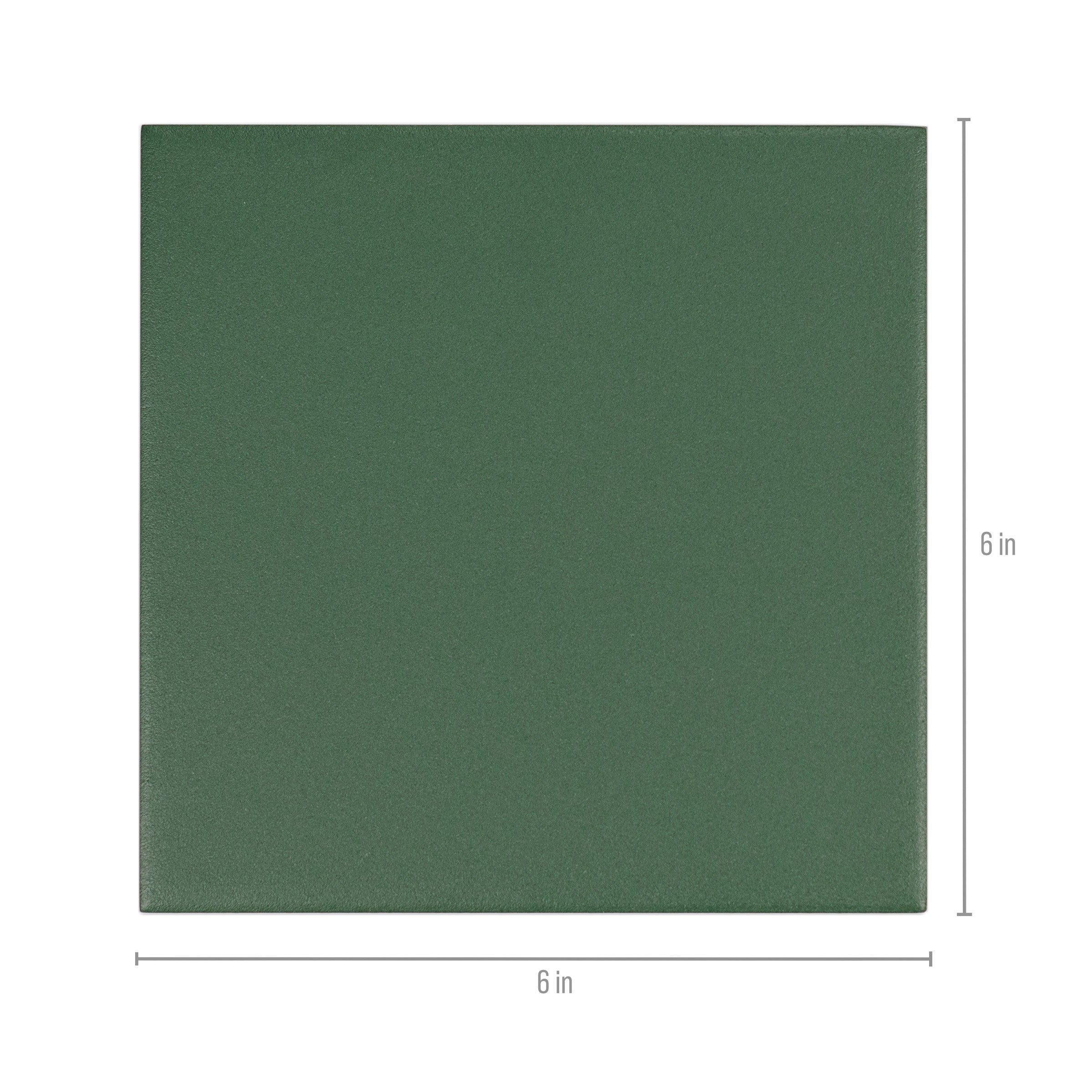 Square green ceramic tile measuring six by six inches with a smooth matte finish