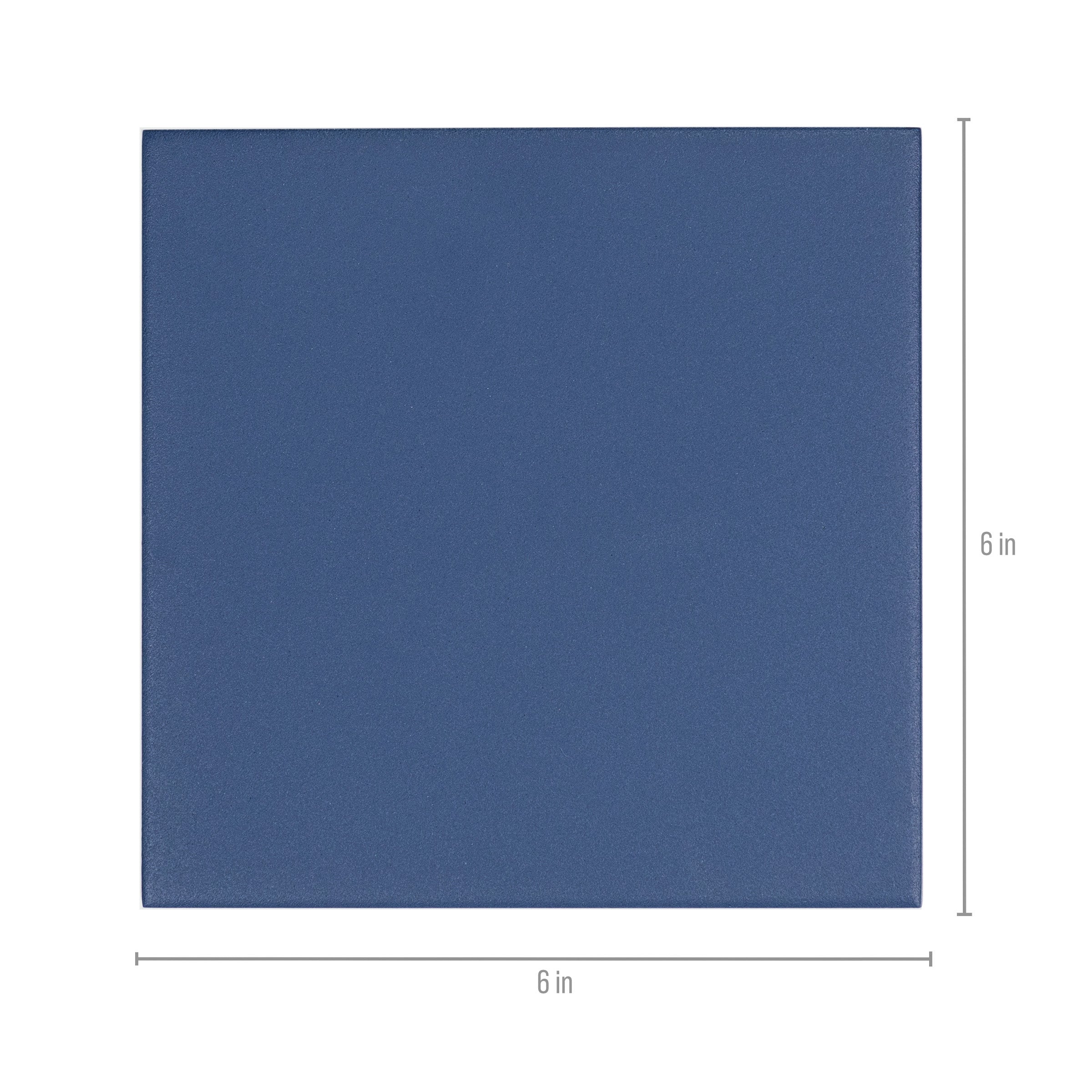 Solid blue ceramic tile measuring six by six inches with smooth matte finish and clean edges