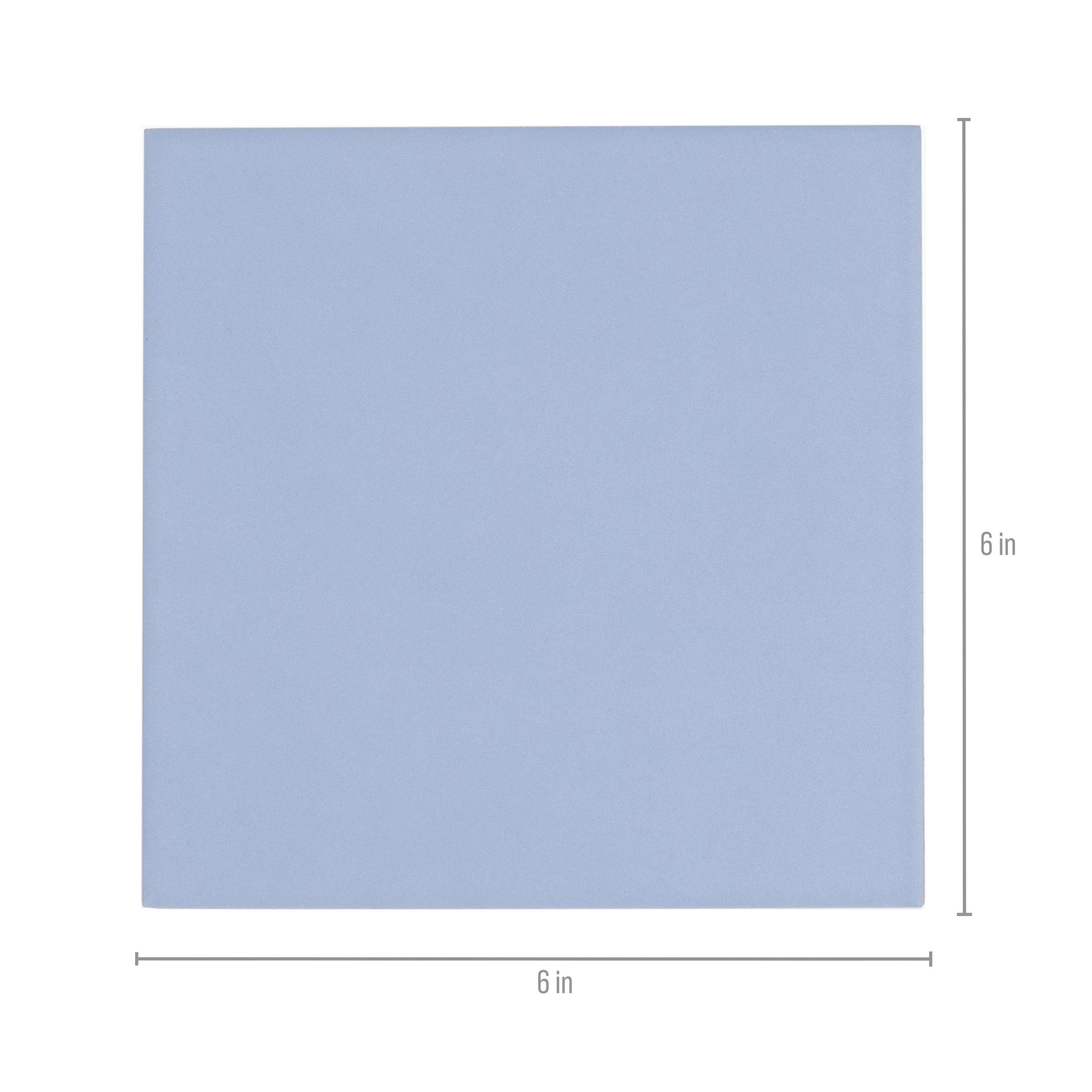 Square light blue ceramic tile measuring six by six inches with a smooth matte finish