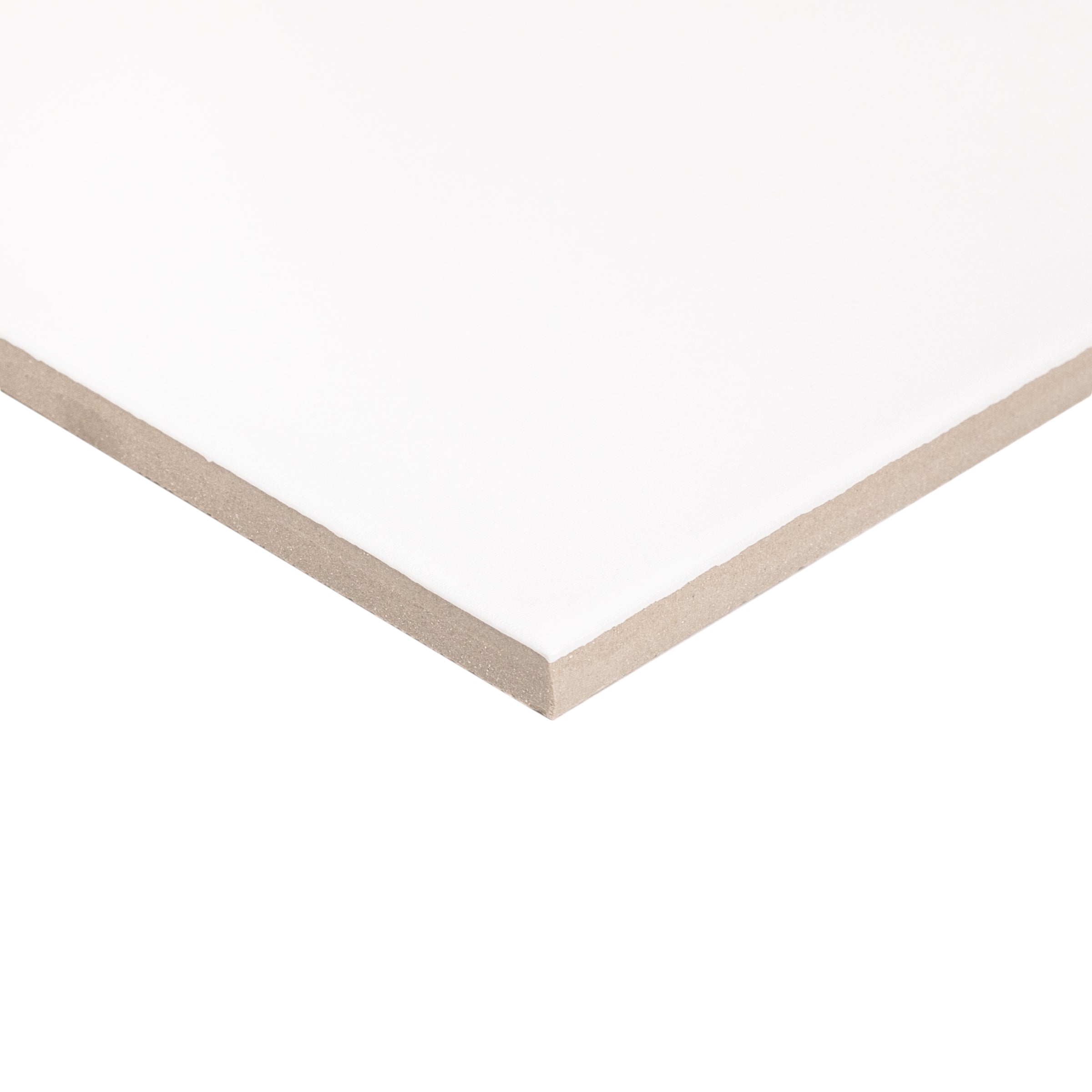 Close-up of a white square tile with beige edges, highlighting the smooth surface and thickness for flooring applications