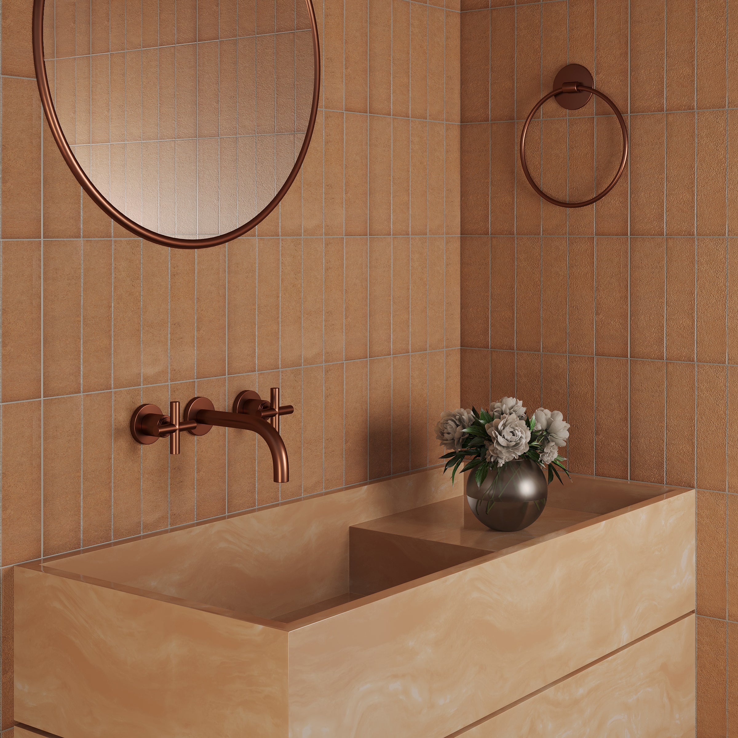 Rust Matte Porcelain Tile in beige and brown tones with matte finish in bathroom setting from Gaia Porcelain Tile and Small Format Tiles collections