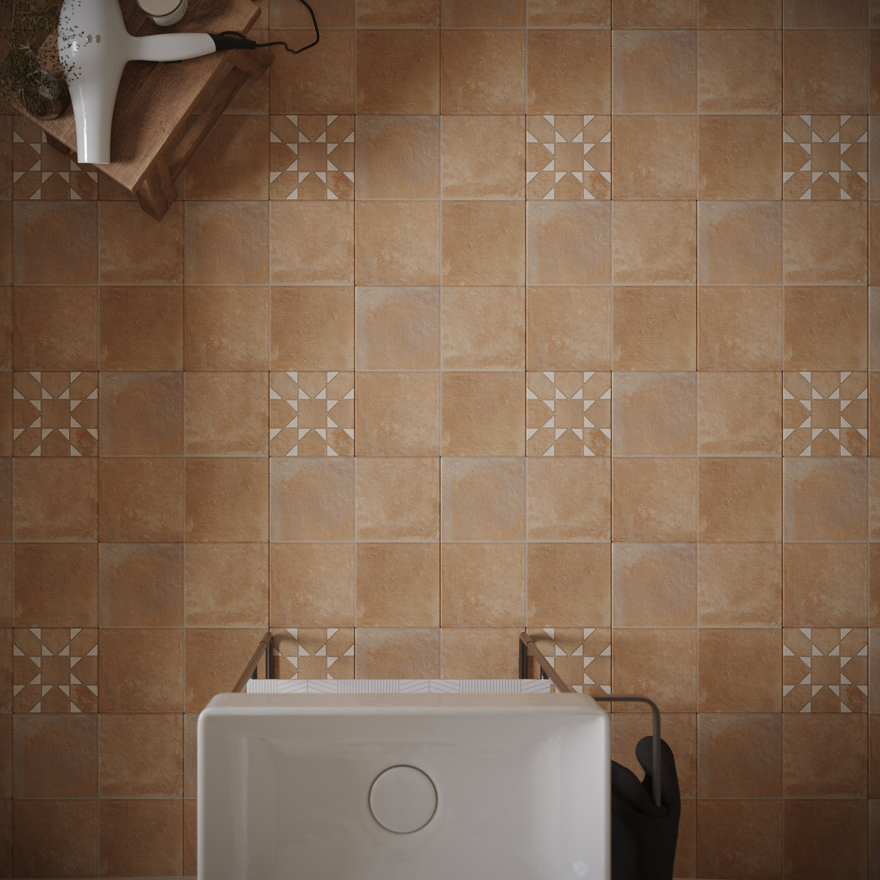 Cotto Terracotta Look Matte Porcelain Tile in brown with decorative pattern from Cotto Editions Porcelain Tile collection