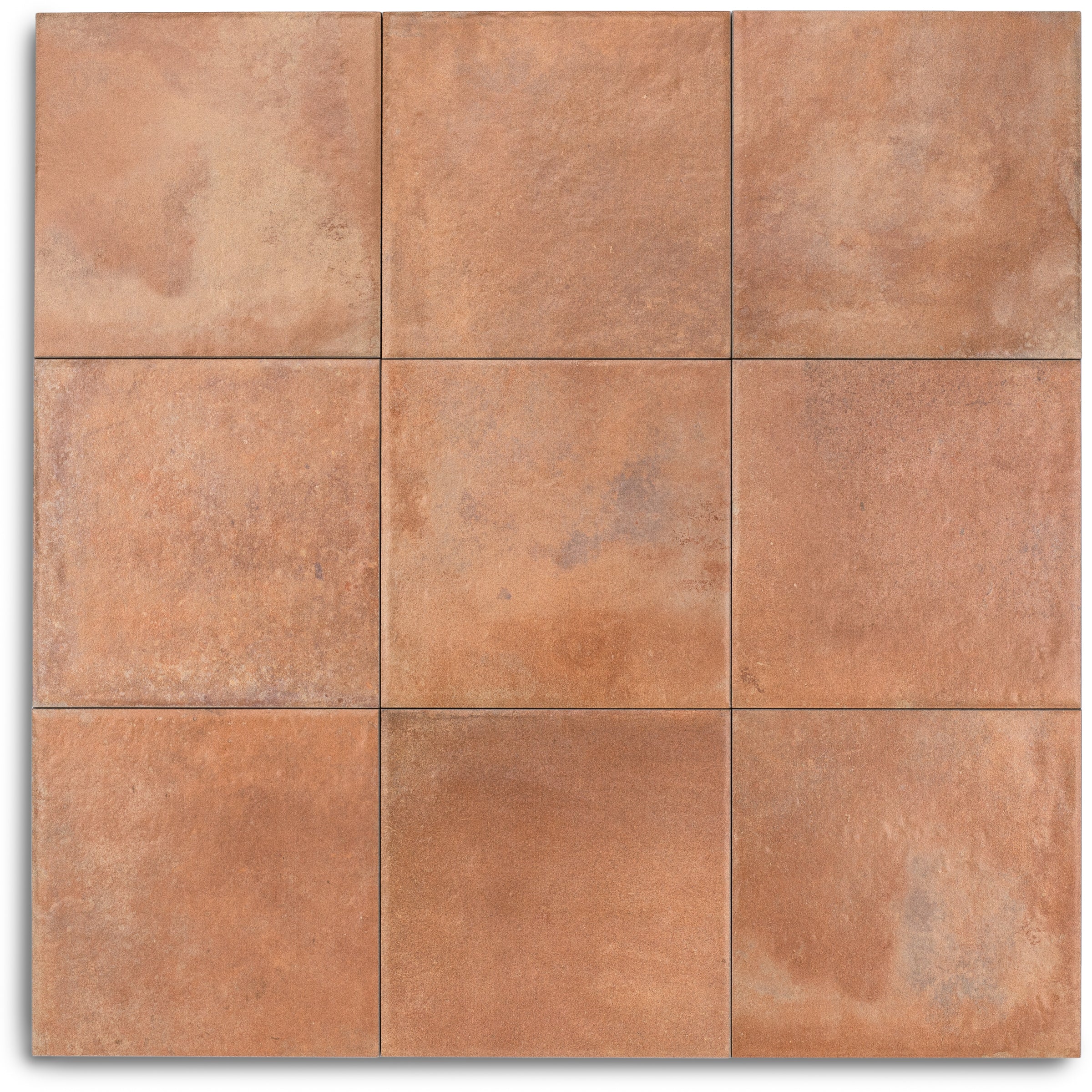 Nine square terracotta ceramic tiles with a natural textured surface arranged in a 3x3 grid pattern.