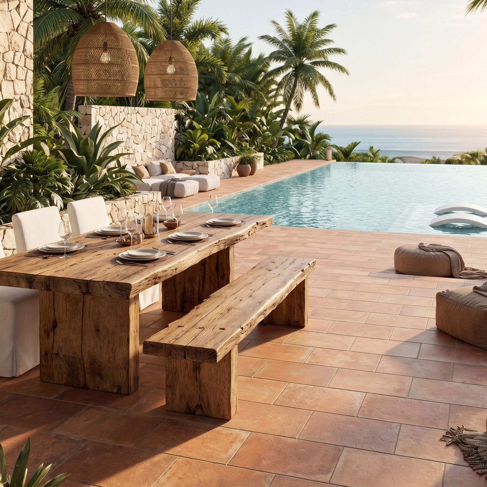 Outdoor dining area with wooden table and bench next to a pool surrounded by terracotta tiles and tropical plants.
