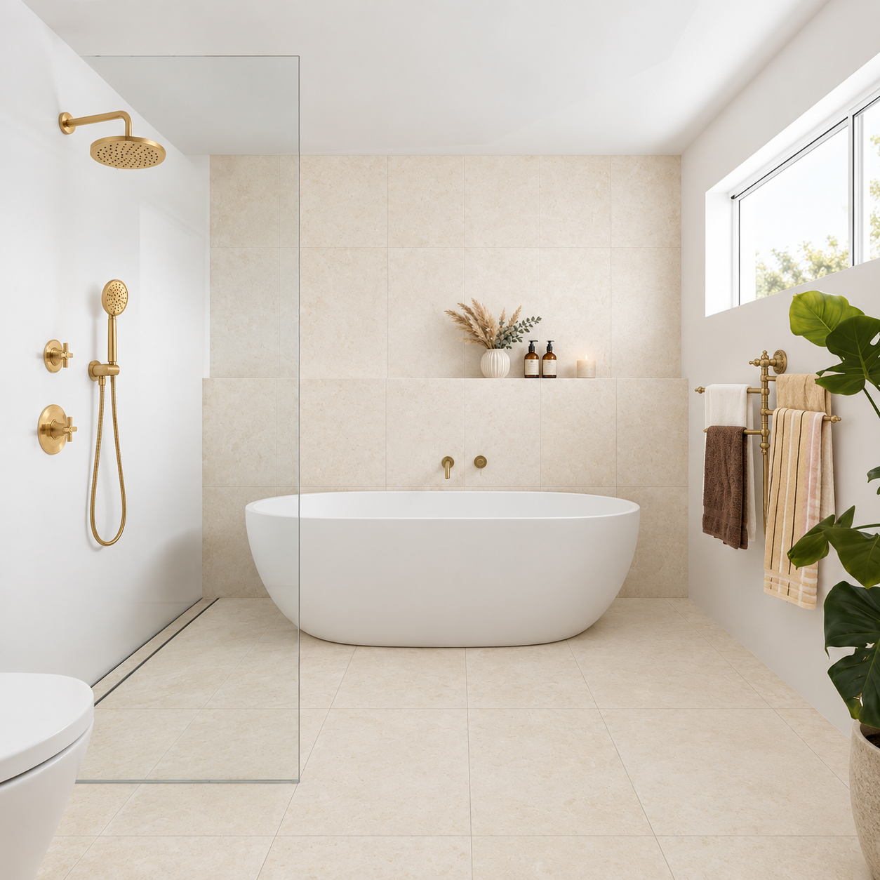 Bright bathroom with a freestanding bathtub, beige tiled walls and floor, glass shower, and gold fixtures