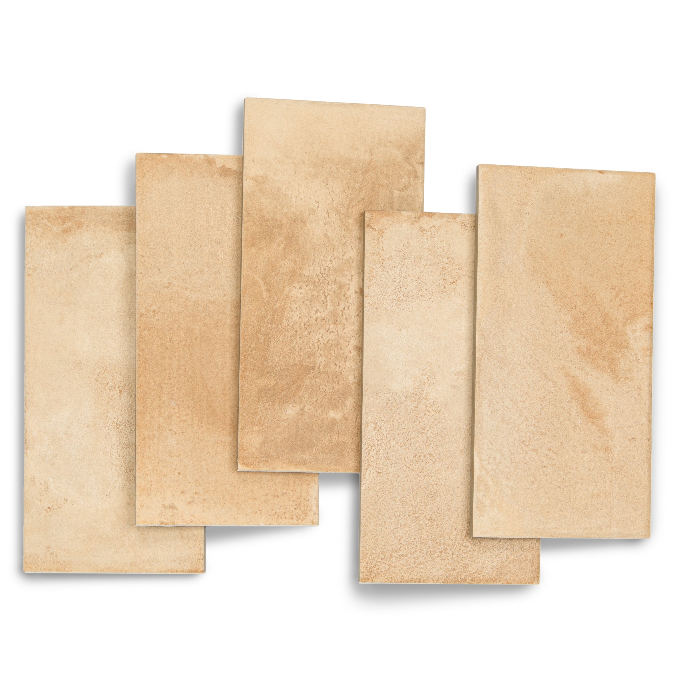 Five rectangular ceramic tiles in varying warm beige tones with subtle natural texture and matte finish