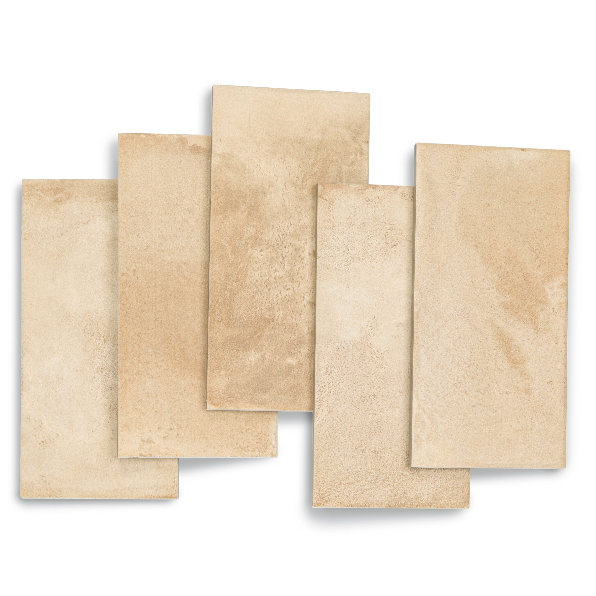 Five beige ceramic tiles with varied subtle textures arranged overlapping on a white background