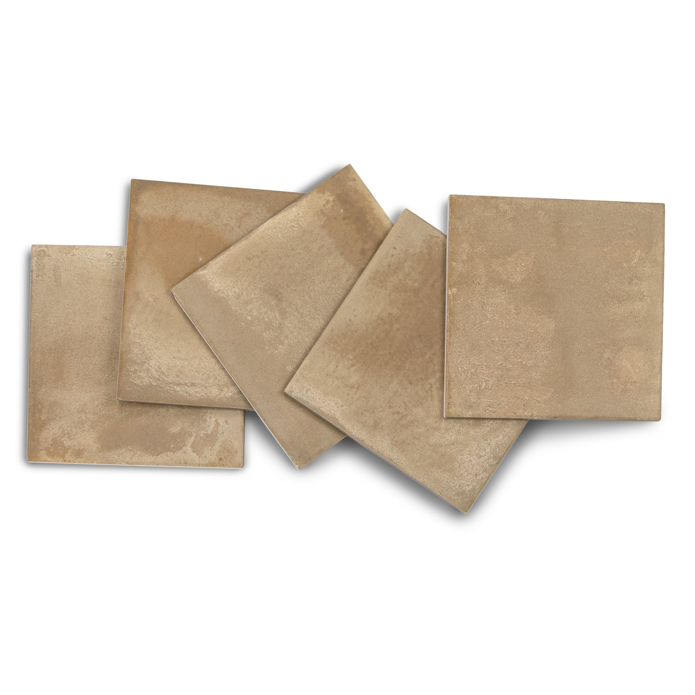 Five square terracotta tiles with a matte finish and natural variations in warm earthy tones on a white background