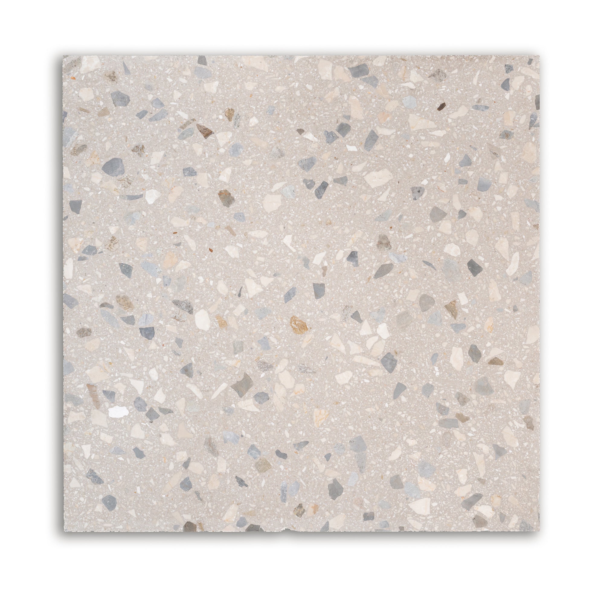 Beige terrazzo tile with scattered gray white and brown stone chips