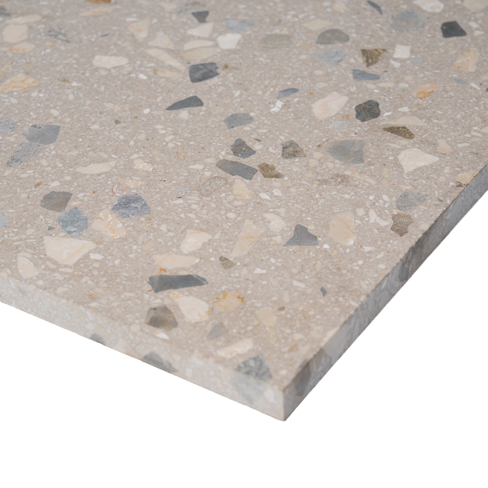 Giudecca Honed Italian Terrazzo Tile Sample in neutral tones with exposed stone chips
