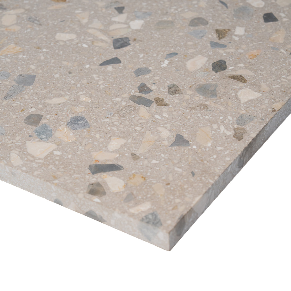 Giudecca Honed Italian Terrazzo Tile Sample in neutral tones with exposed stone chips
