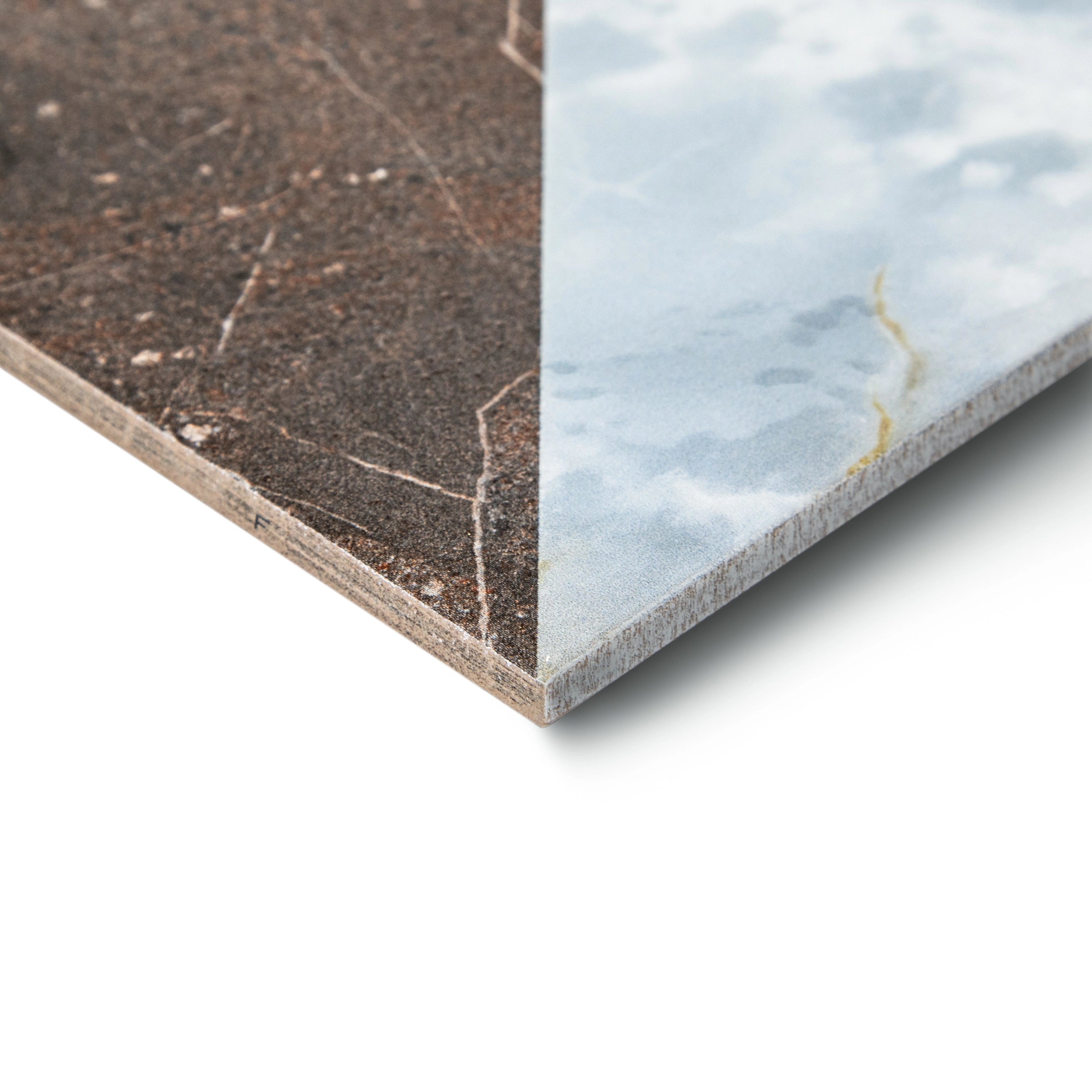 Terrazza Imperial Umber Marble Look Matte Porcelain Tile Sample showing brown and white porcelain tile edges from Porcelain SAMPLES ONLY collection