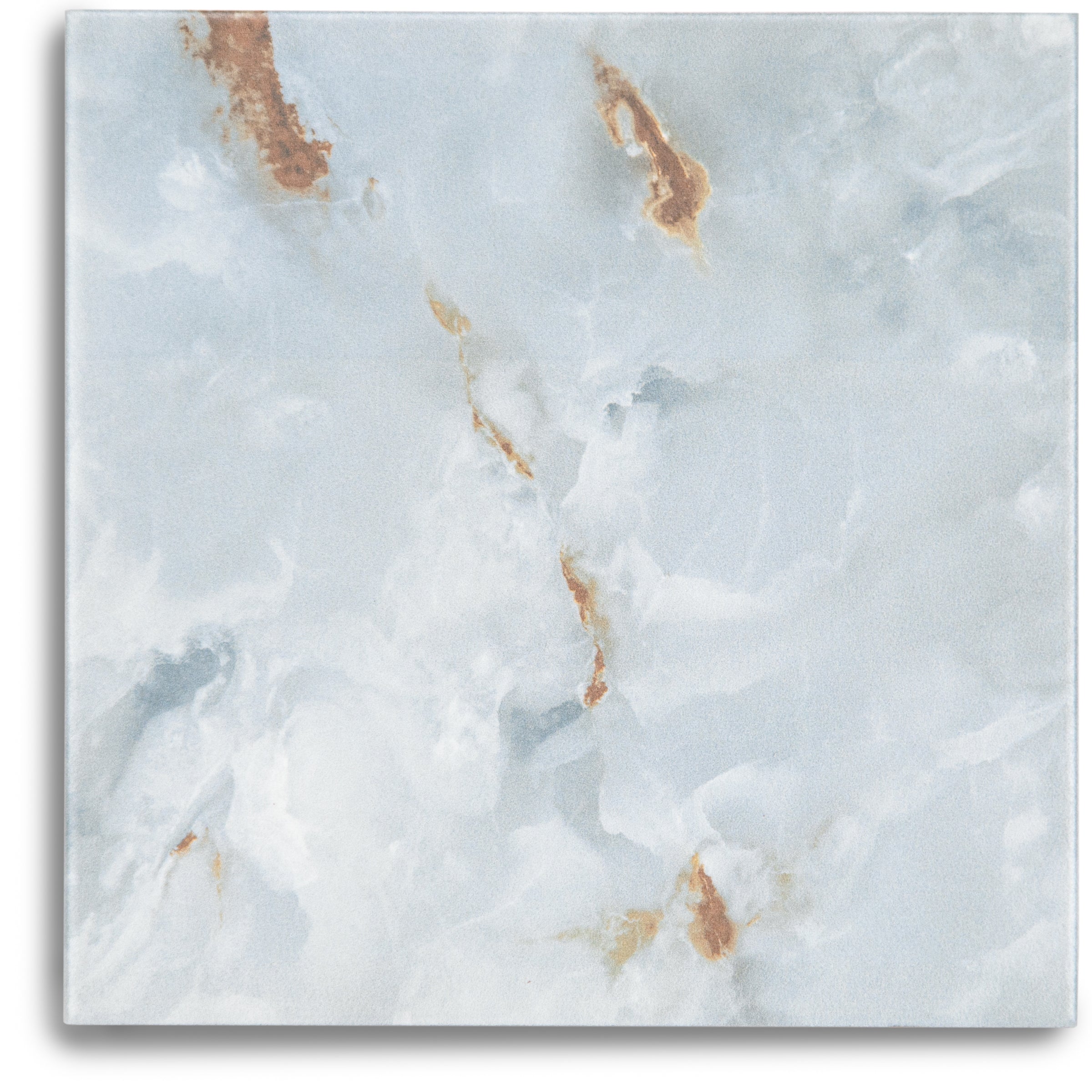 Square ceramic tile with soft blue-gray marbled texture and warm amber veining in a fluid, natural pattern
