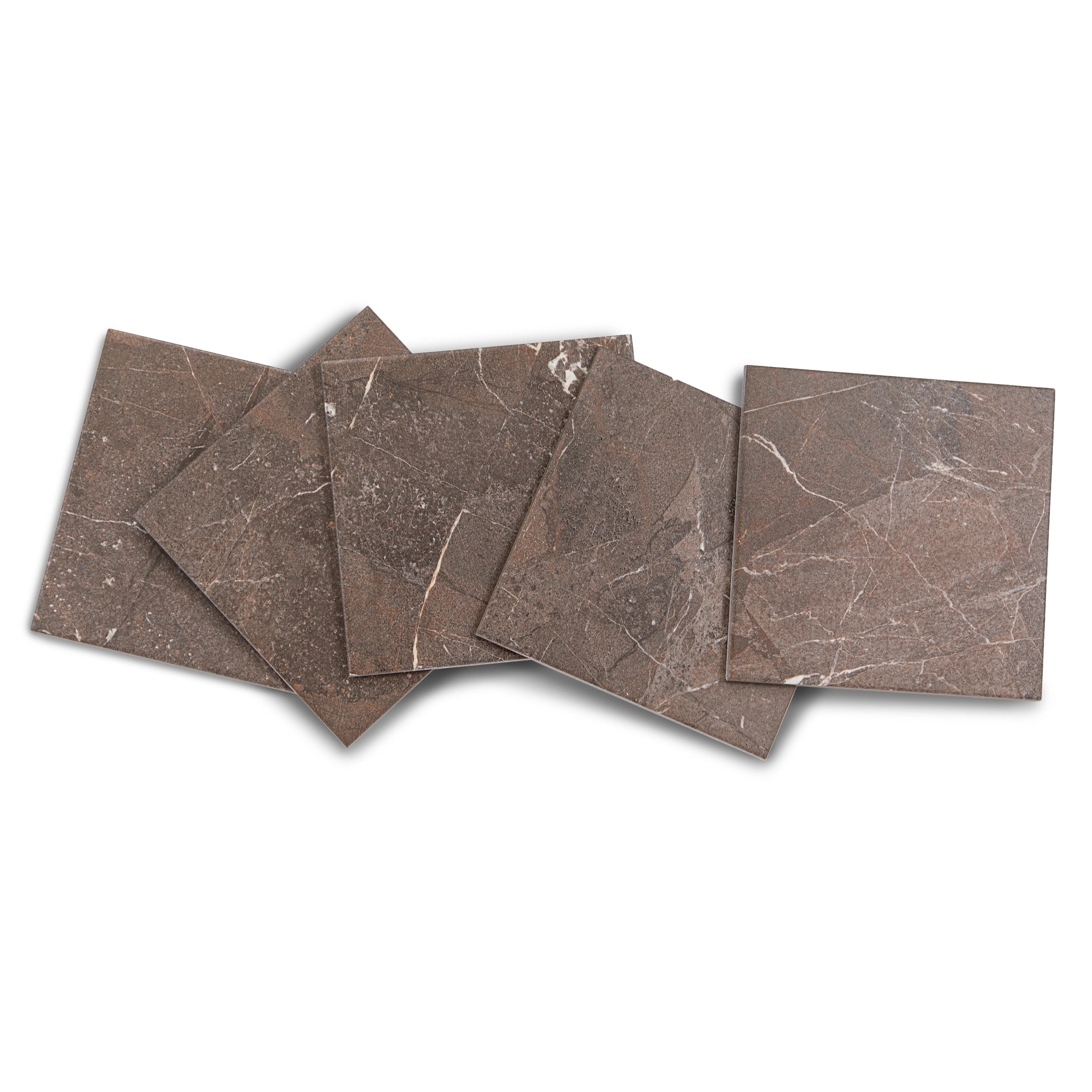 Set of five square ceramic tiles with dark brown marble texture and fine light veining on a white background