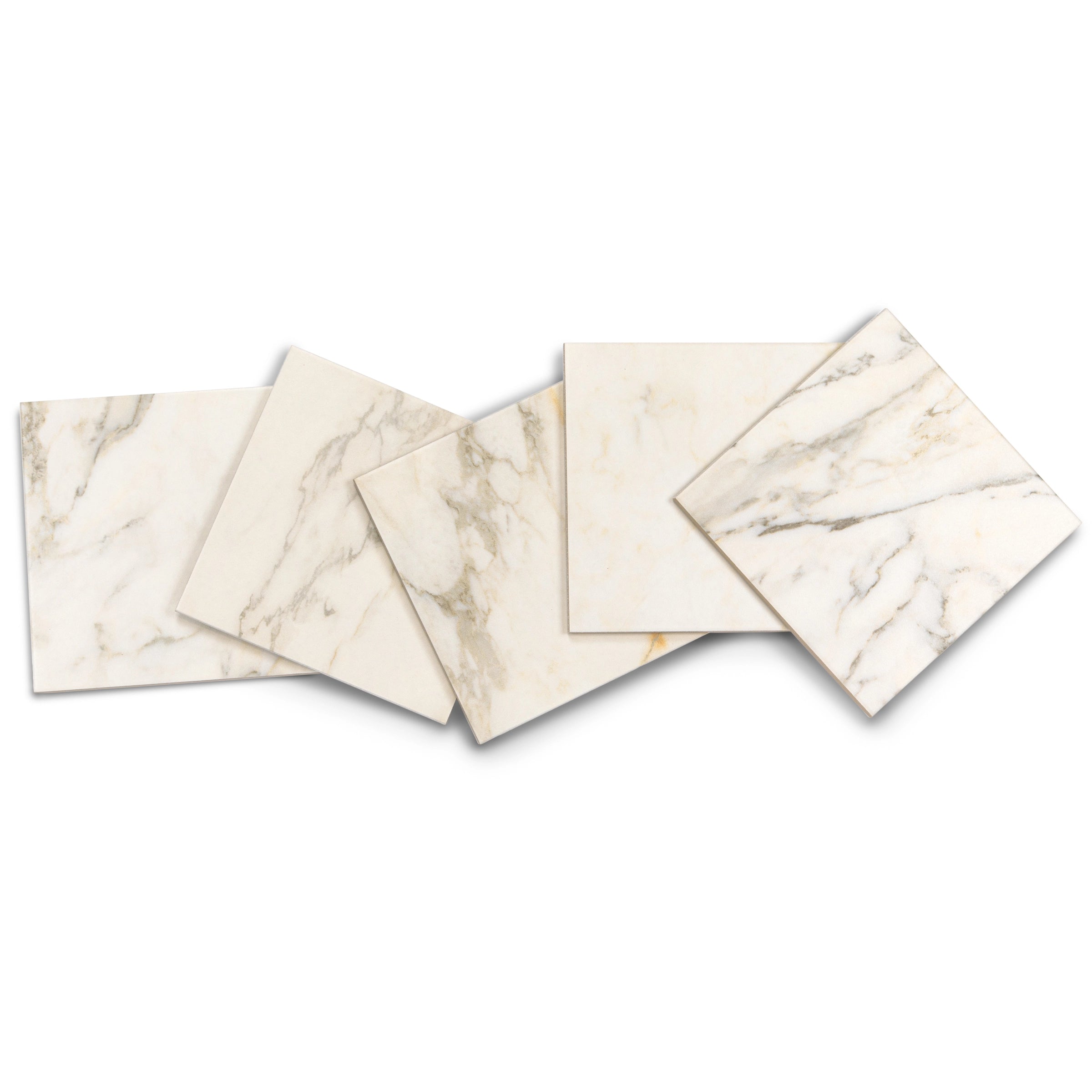 Five square tiles with creamy white and beige marble patterns arranged in a casual overlapping layout on white background