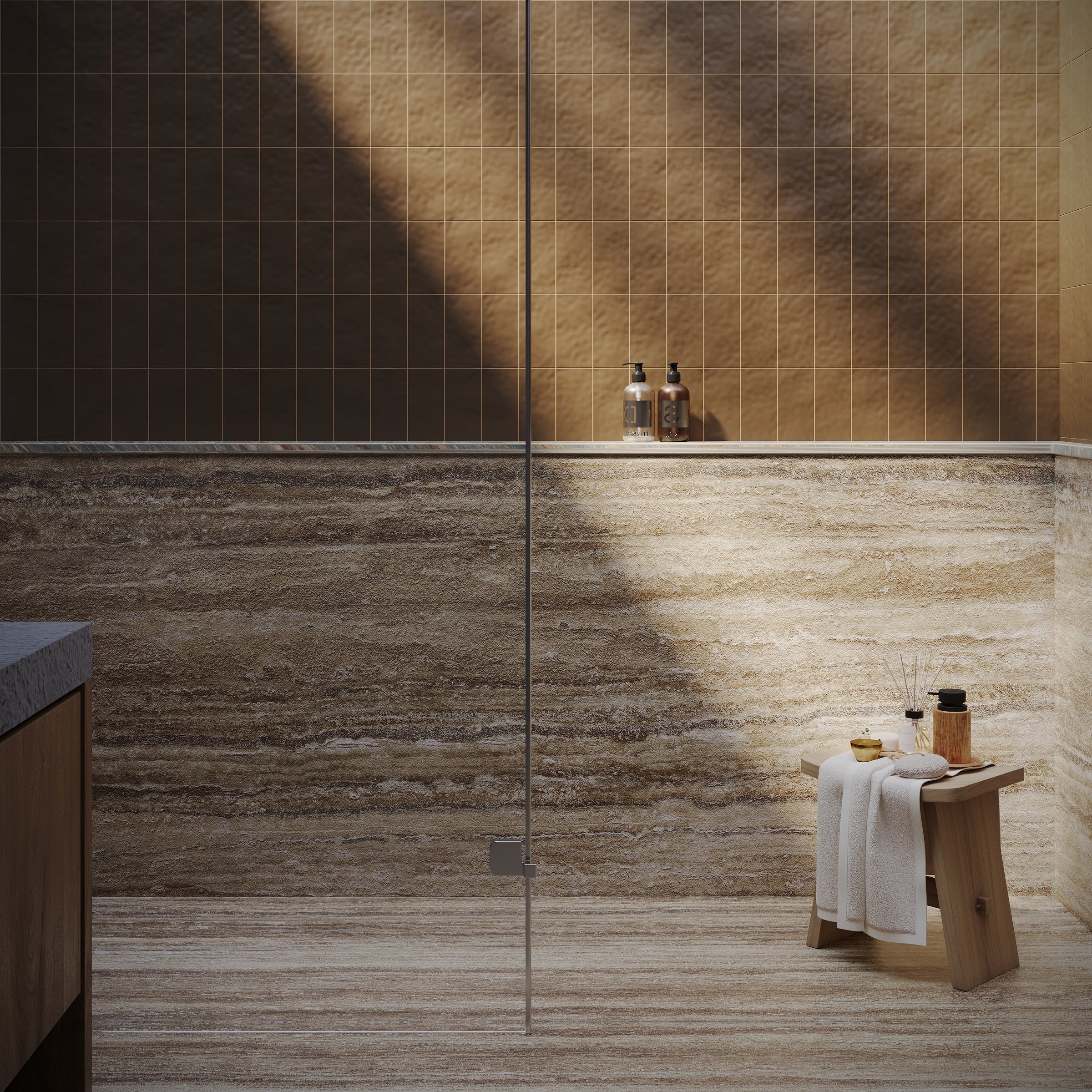 Natural beige porcelain tiles with subtle striations in a modern shower space featuring minimal wooden stool with towels