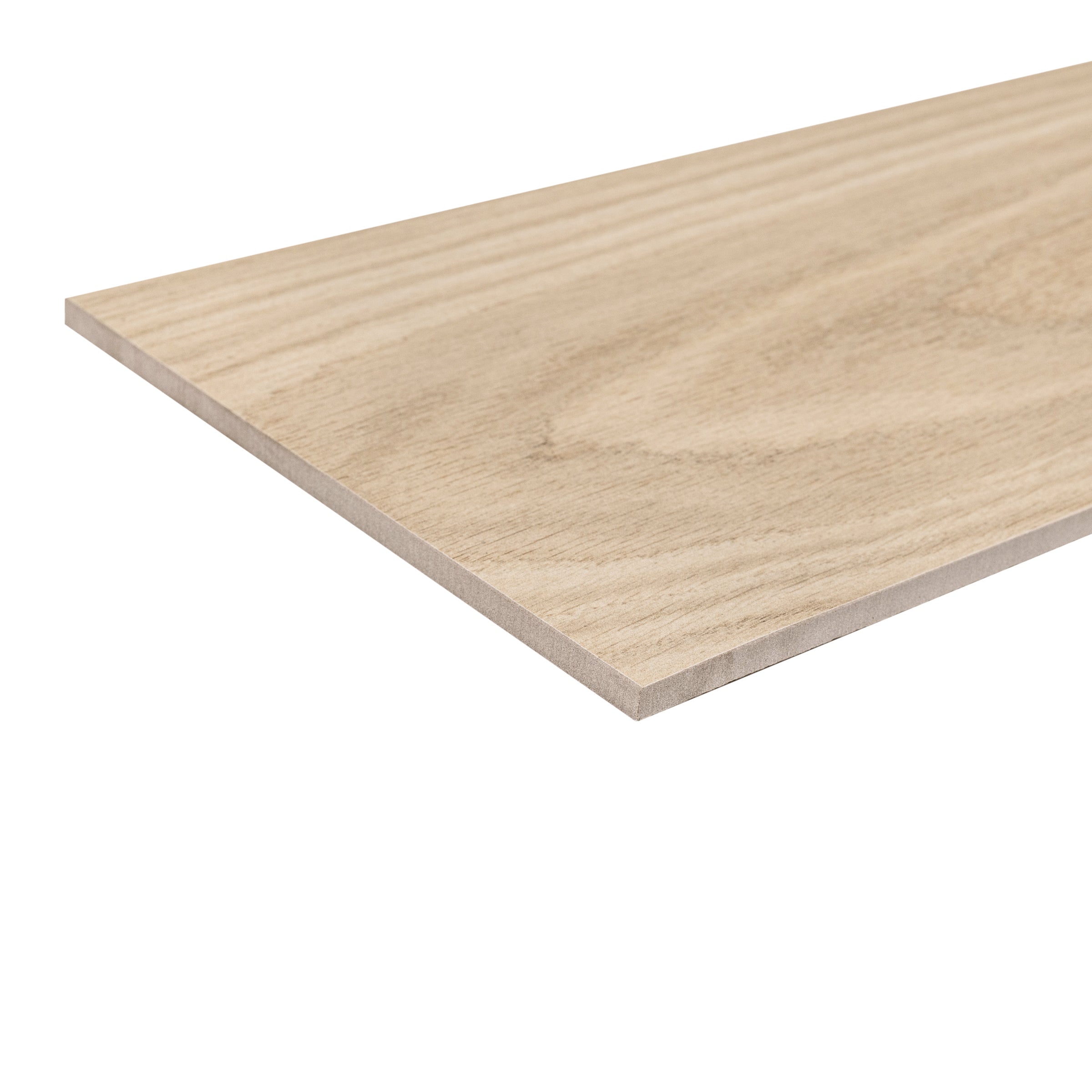 Light wood-look porcelain tile plank displayed on a white background, highlighting texture and finish.